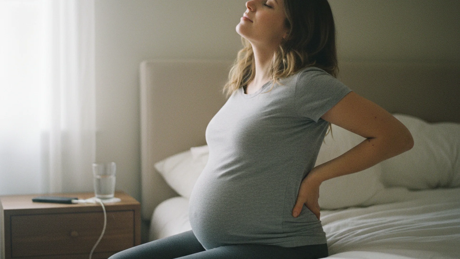 Femme enceinte assise au bord du lit, une main dans le bas du dos, dans une chambre lumineuse