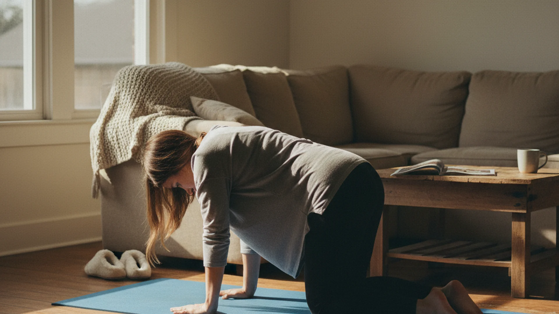 Femme enceinte faisant un étirement doux à quatre pattes sur un tapis de yoga dans son salon