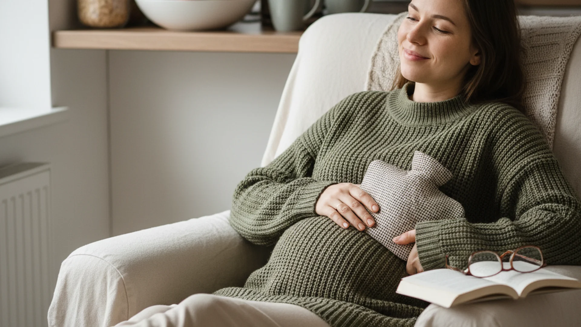 Femme enceinte assise dans un fauteuil confortable avec une bouillotte dans le dos, dans un intérieur chaleureux
