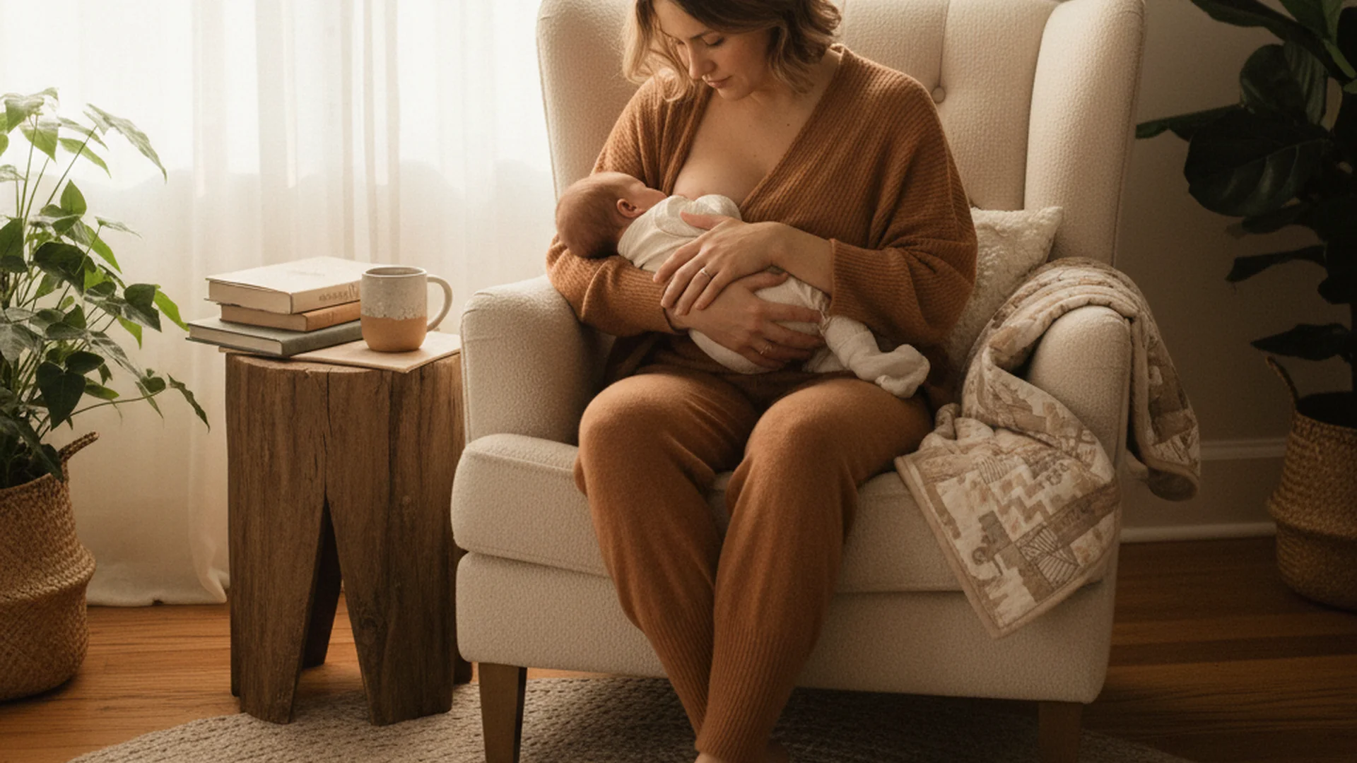 Jeune maman allaitant son nouveau-né dans un fauteuil confortable, lumière douce et chaleureuse dans une chambre aux tons naturels