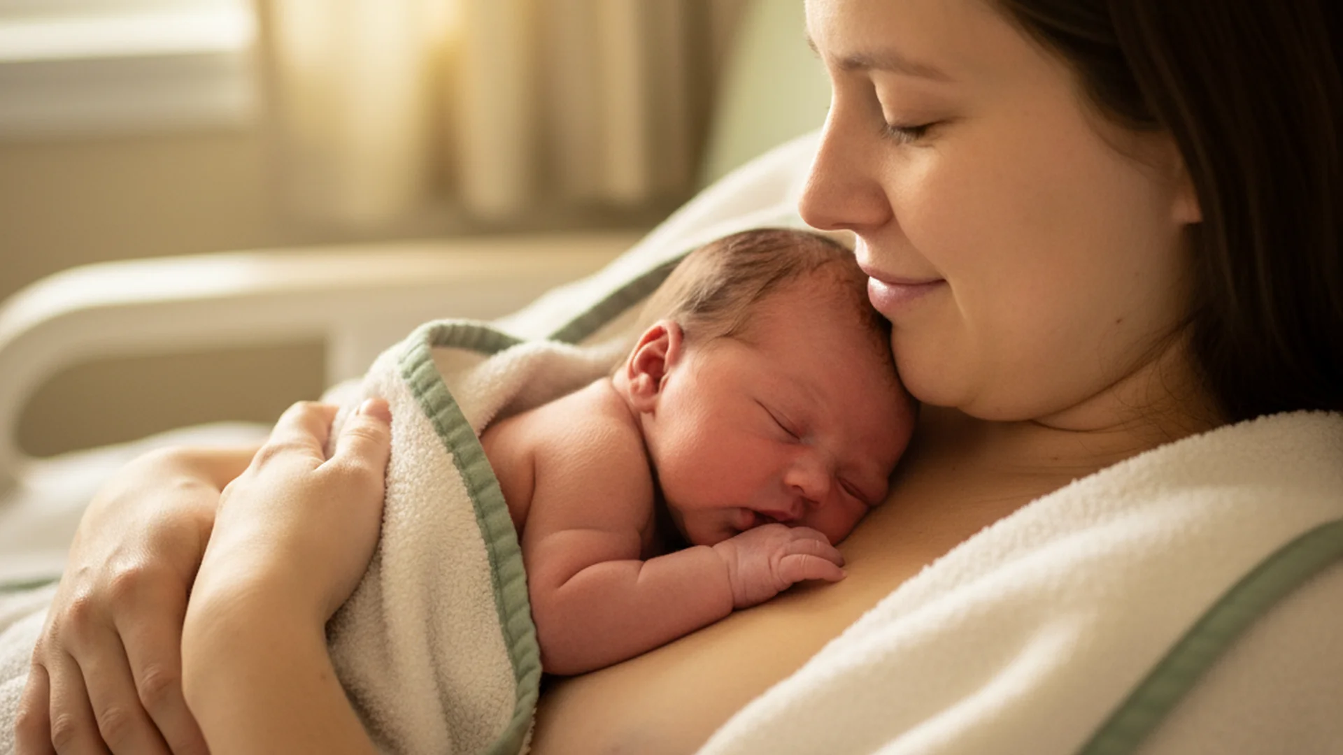 Nouveau-né en peau-à-peau sur la poitrine de sa mère, couverture douce dans un environnement hospitalier chaleureux