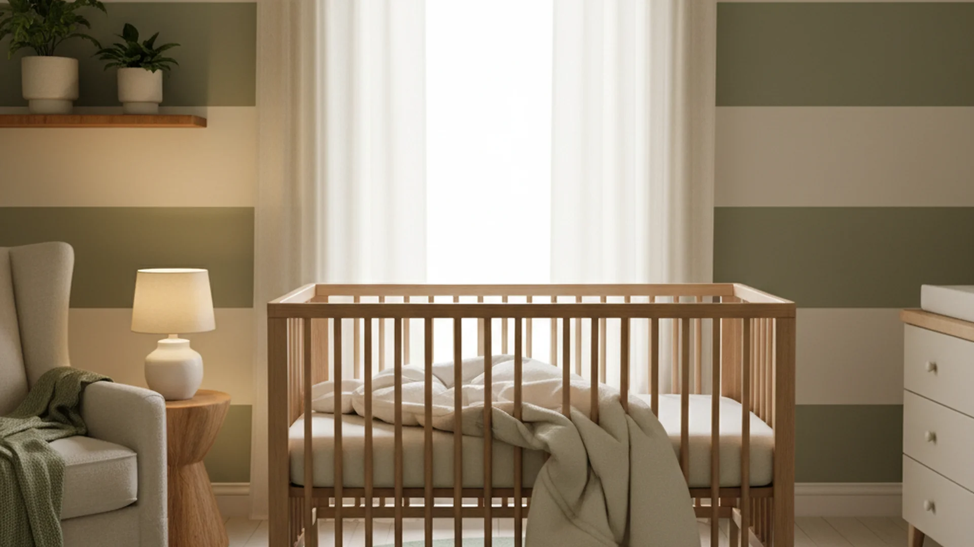 Chambre de bébé apaisante avec un lit à barreaux en bois clair, une gigoteuse et une lumière douce tamisée