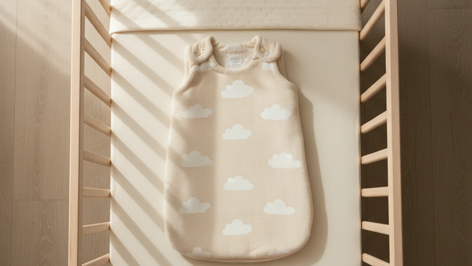 Vue plongeante d'un lit de bébé bien rangé avec un matelas ferme, un drap housse ajusté et une gigoteuse légère