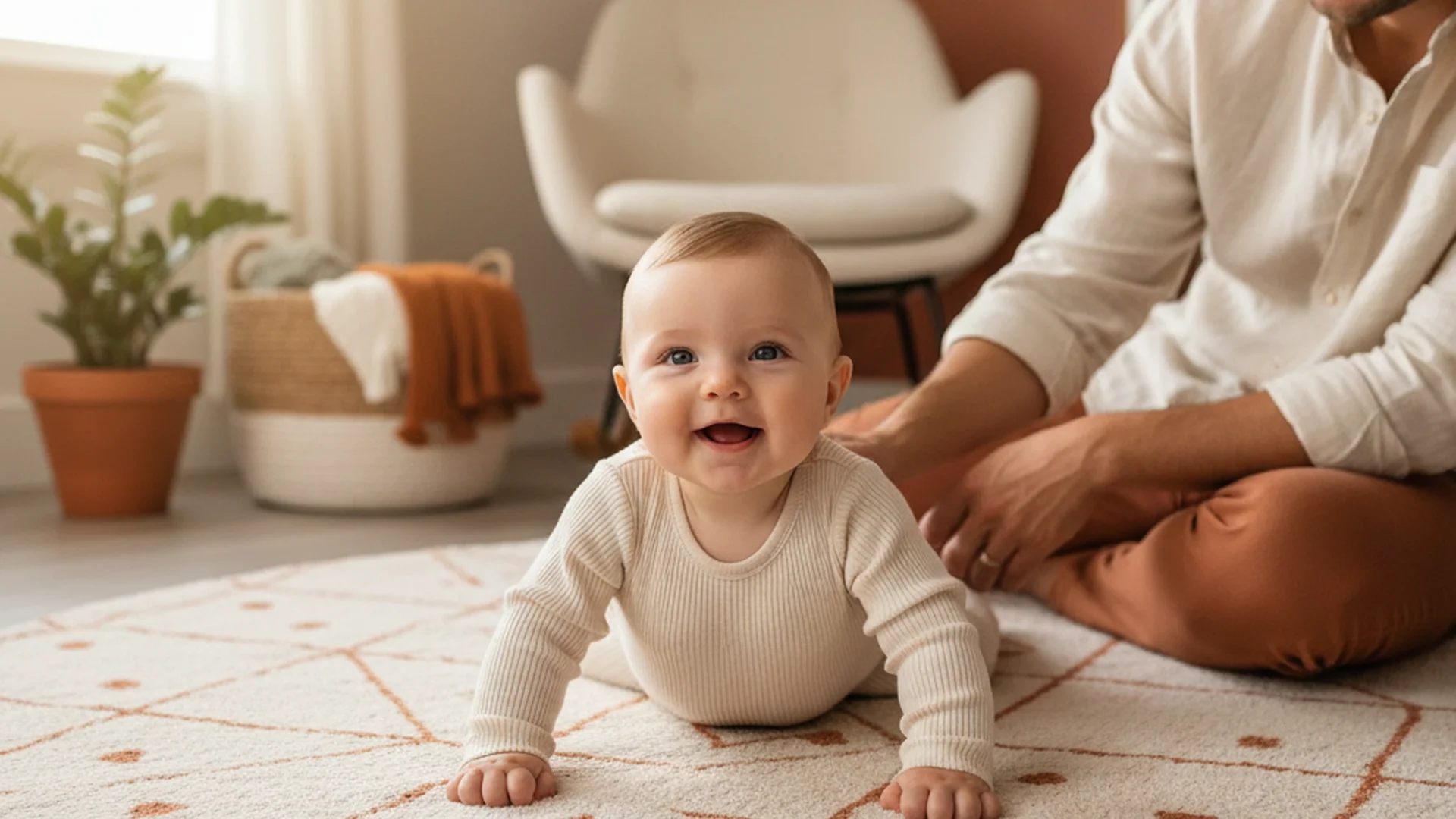 Bébé éveillé faisant du tummy time sur un tapis d'éveil doux avec un parent à côté, lumière naturelle