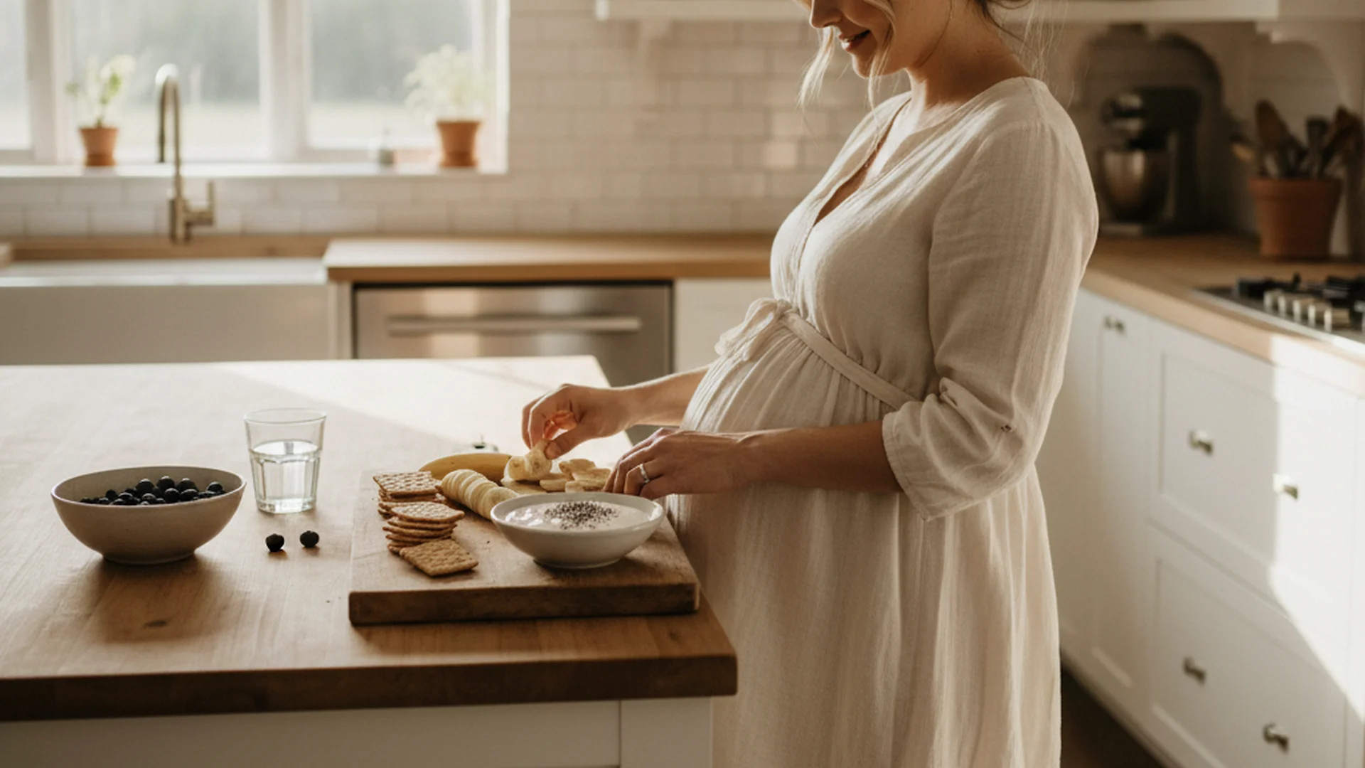 Femme enceinte dans sa cuisine préparant une assiette légère, lumière naturelle matinale chaude