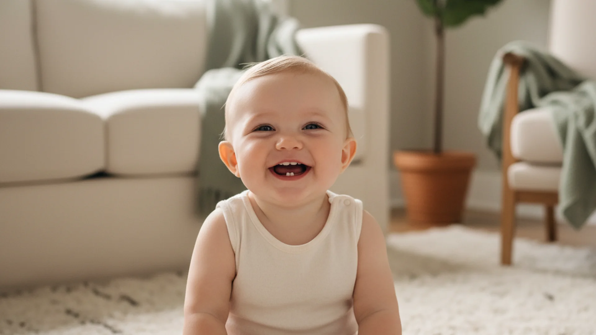 Bébé souriant montrant ses premières dents, assis sur un tapis dans un salon lumineux aux tons chauds