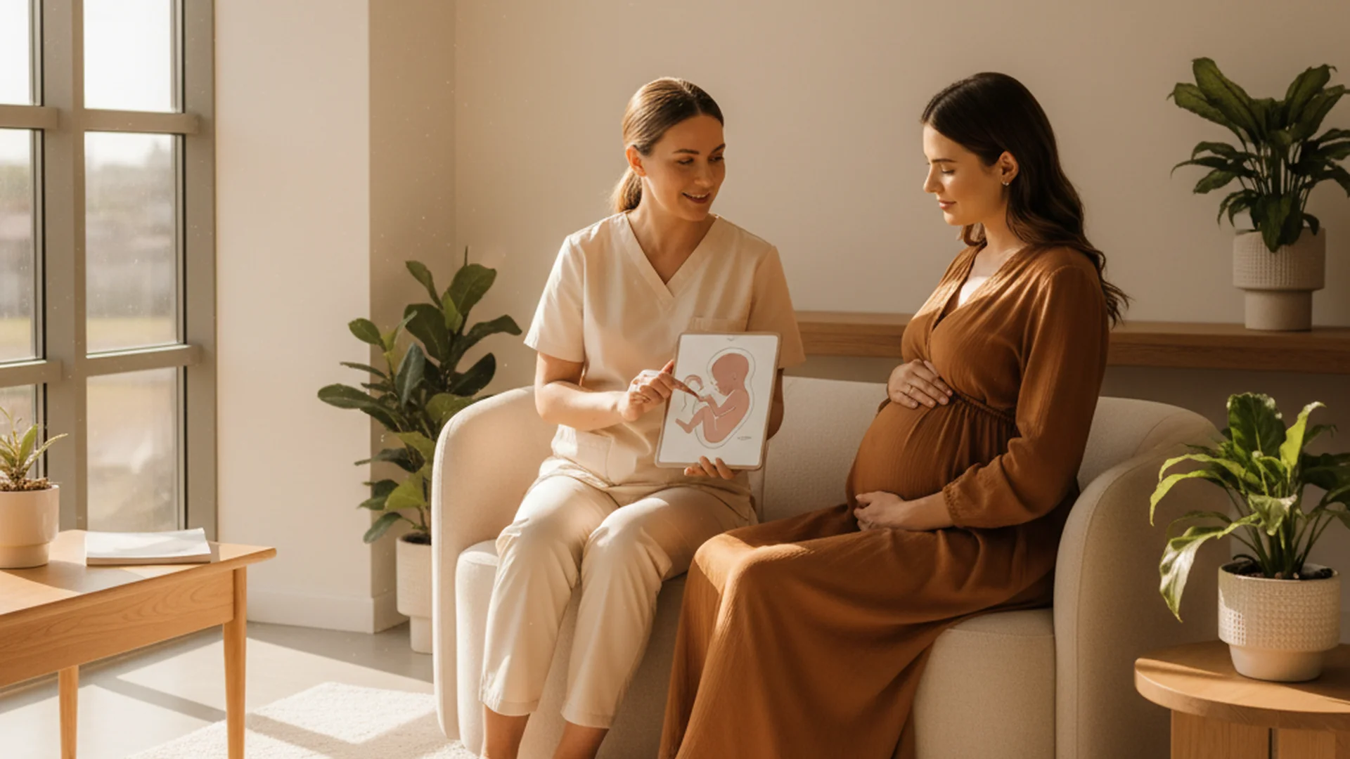 Sage-femme expliquant les étapes de l'accouchement à une femme enceinte dans un cabinet lumineux