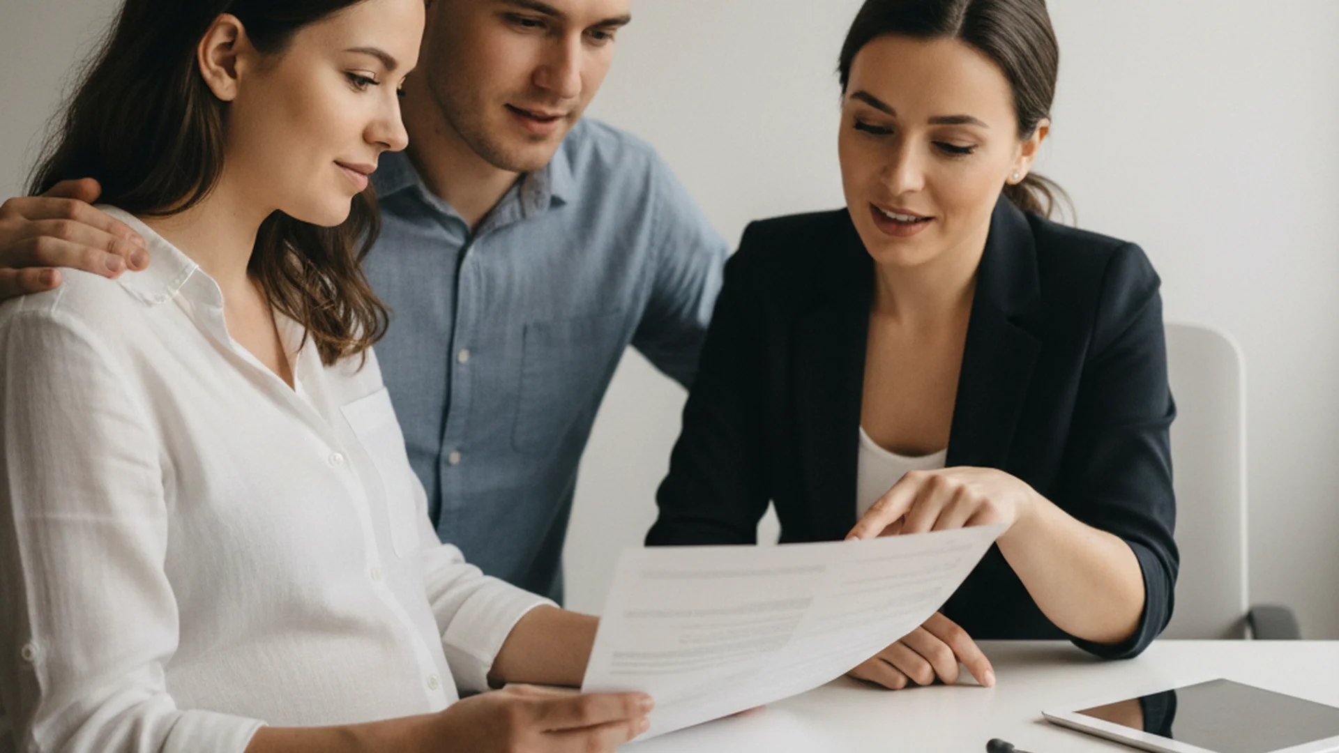 Couple en consultation avec une sage-femme, discutant d'un document dans un cabinet médical lumineux