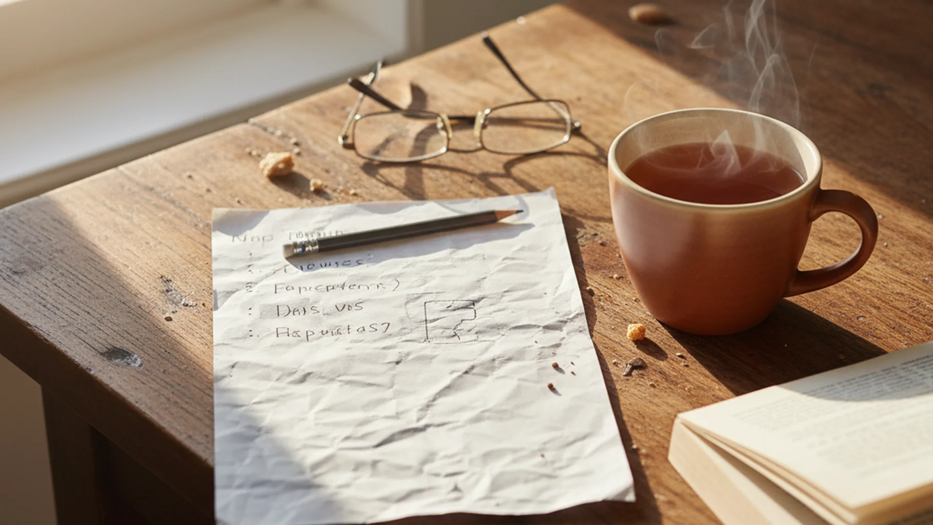 Document manuscrit sur une table en bois, à côté d'une tasse de thé et d'un livre de grossesse, dans une lumière dorée d'après-midi