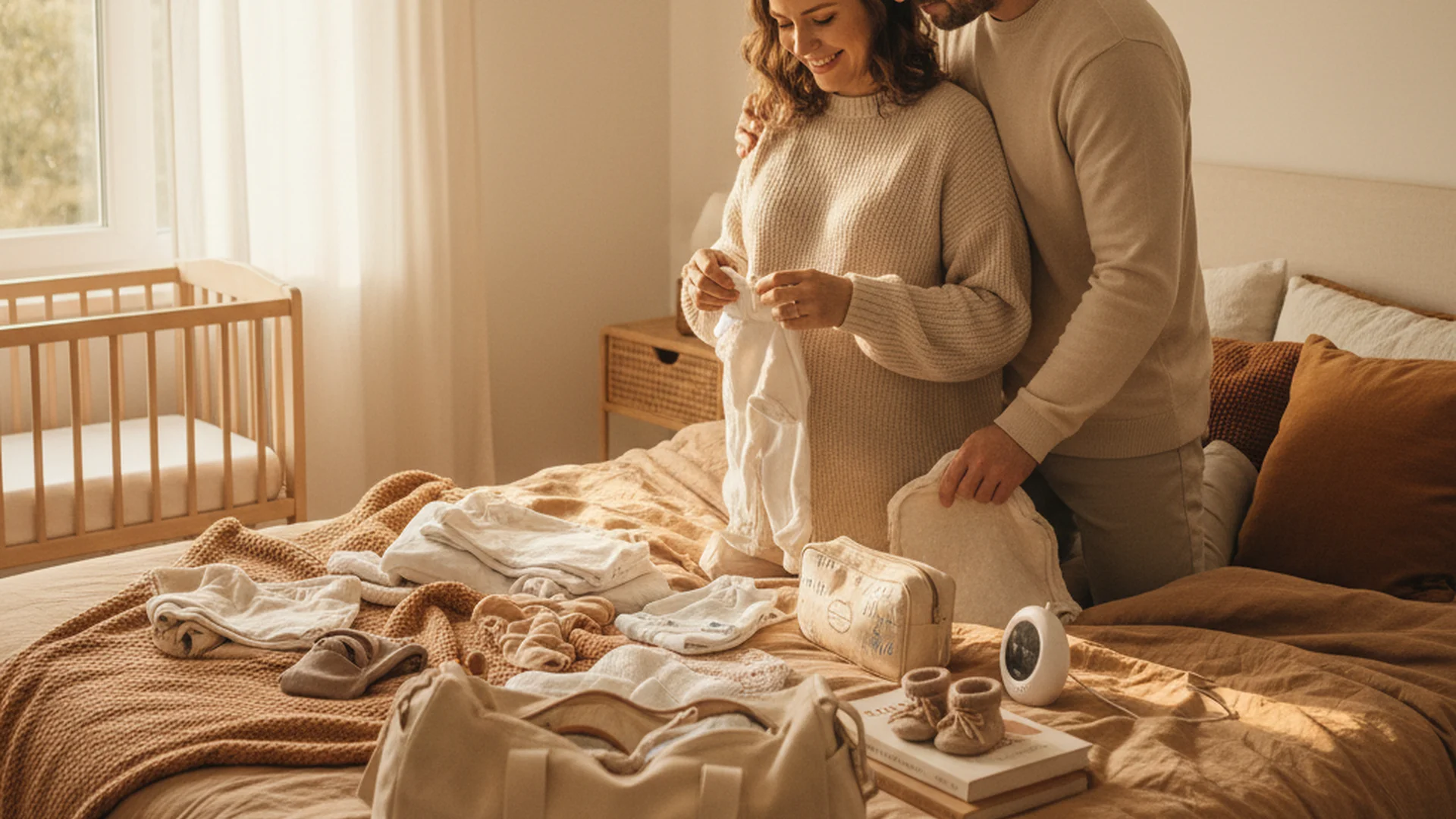 Couple serein préparant son sac pour la maternité dans une chambre lumineuse et chaleureuse