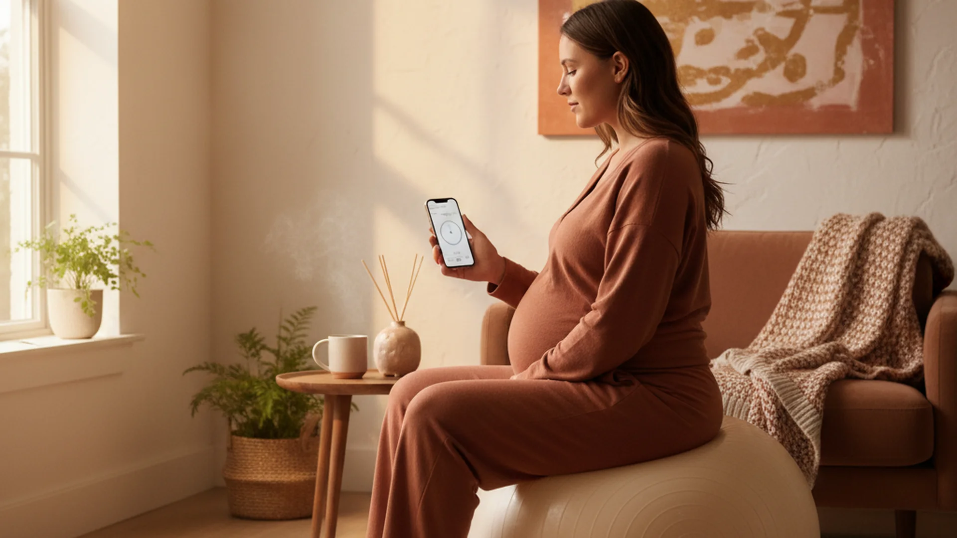 Femme en travail chronométrant ses contractions avec calme, assise sur un ballon de naissance