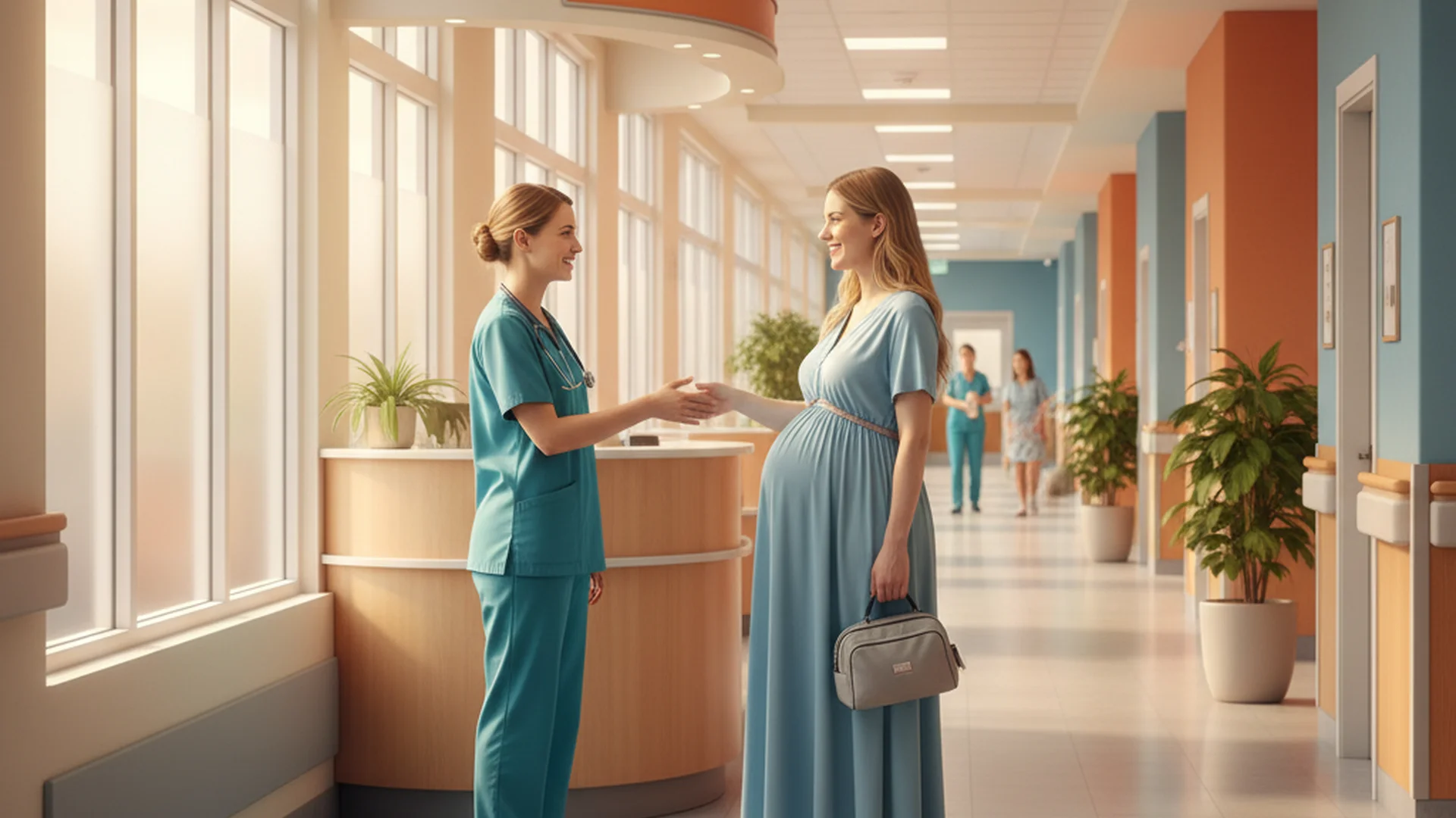 Sage-femme accueillant une femme en travail à la maternité dans un couloir lumineux et rassurant