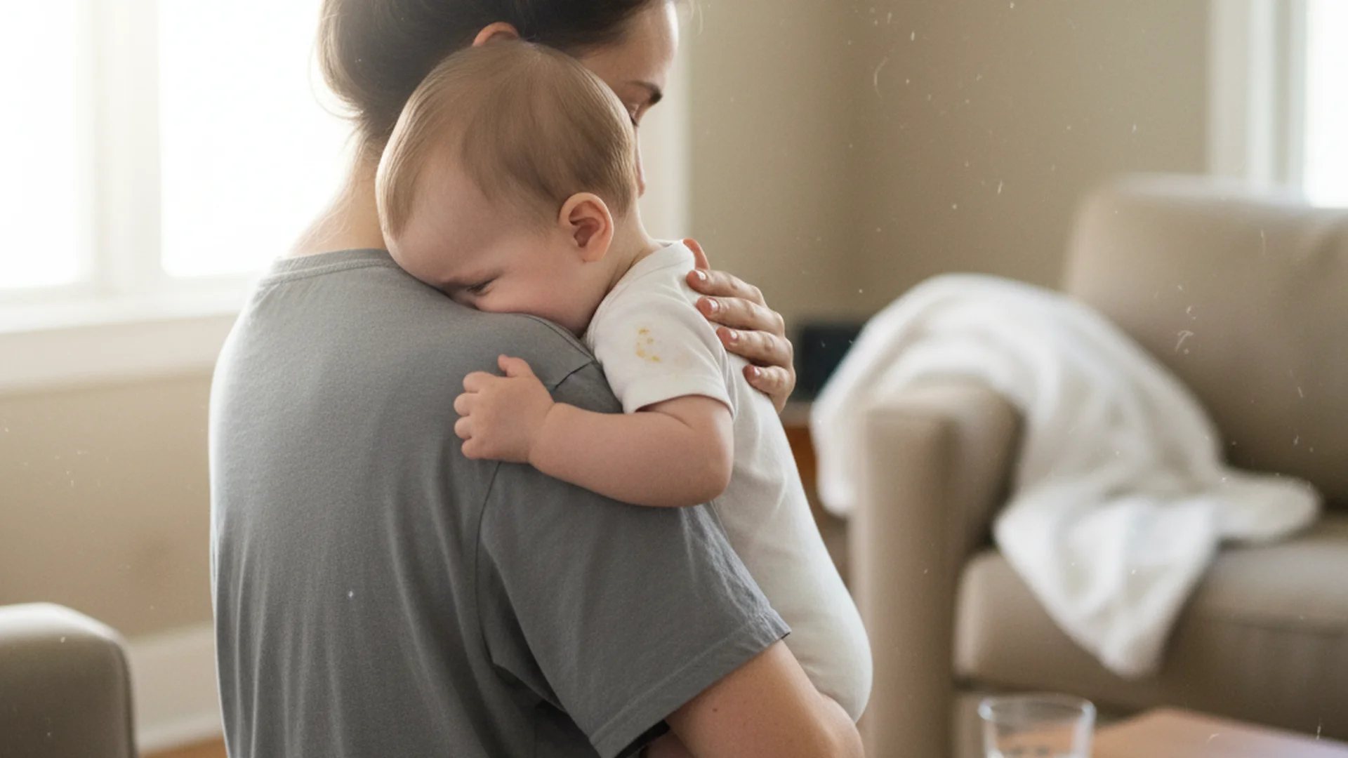 Jeune maman tenant son bébé contre son épaule après la tétée dans un salon lumineux