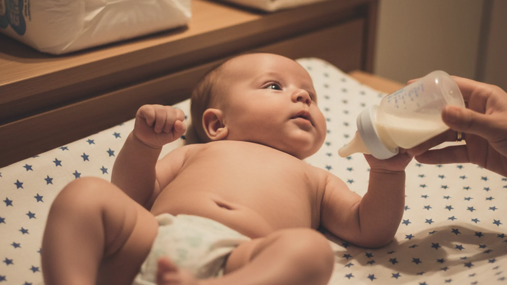 Bébé allongé sur un matelas à langer, regardant vers le haut avec curiosité
