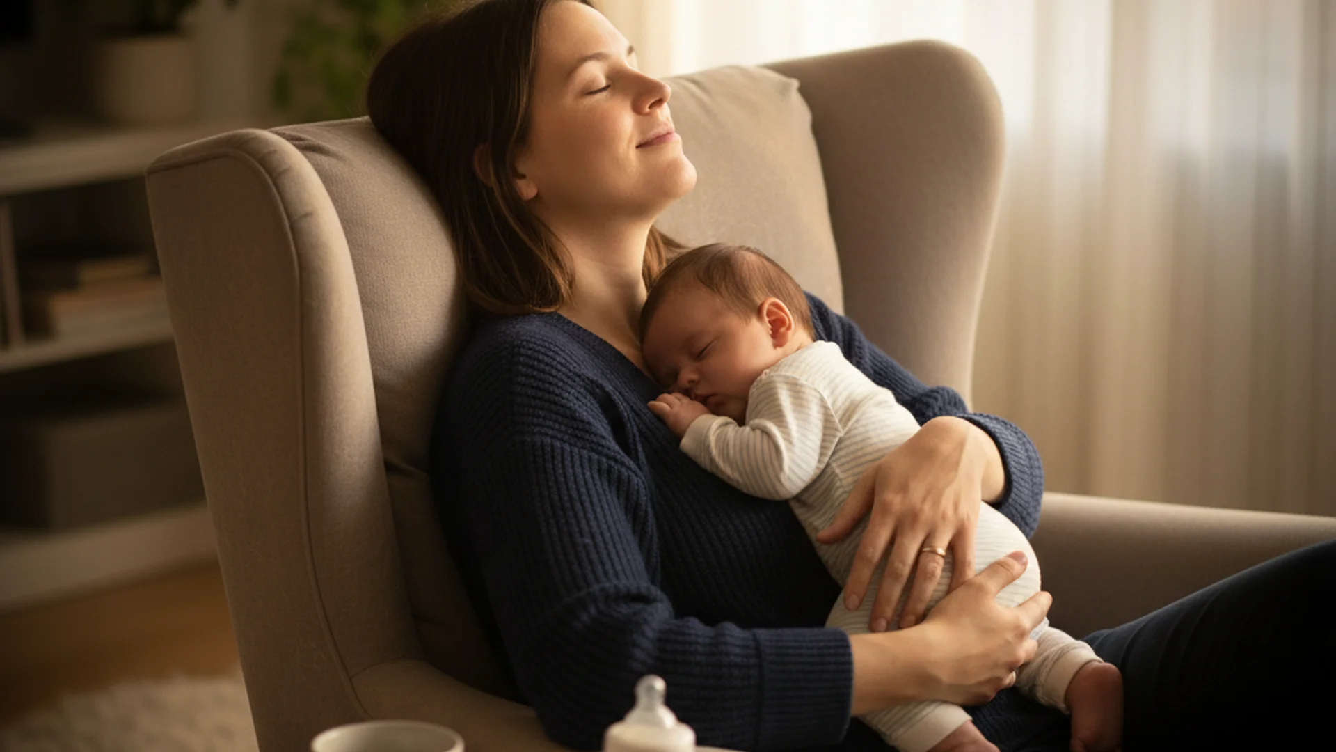 Maman fatiguée mais souriante, berçant son bébé endormi dans un fauteuil en fin d'après-midi