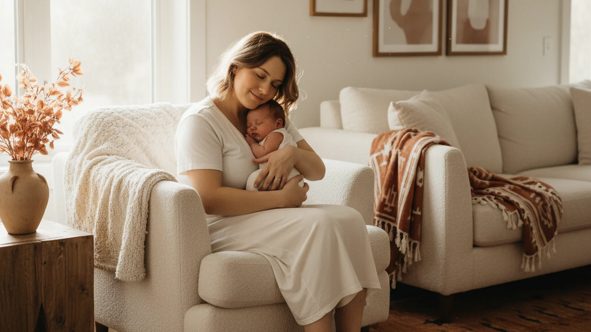 Femme jeune maman dans un intérieur chaud et lumineux, moment de calme et de soin personnel en post-partum