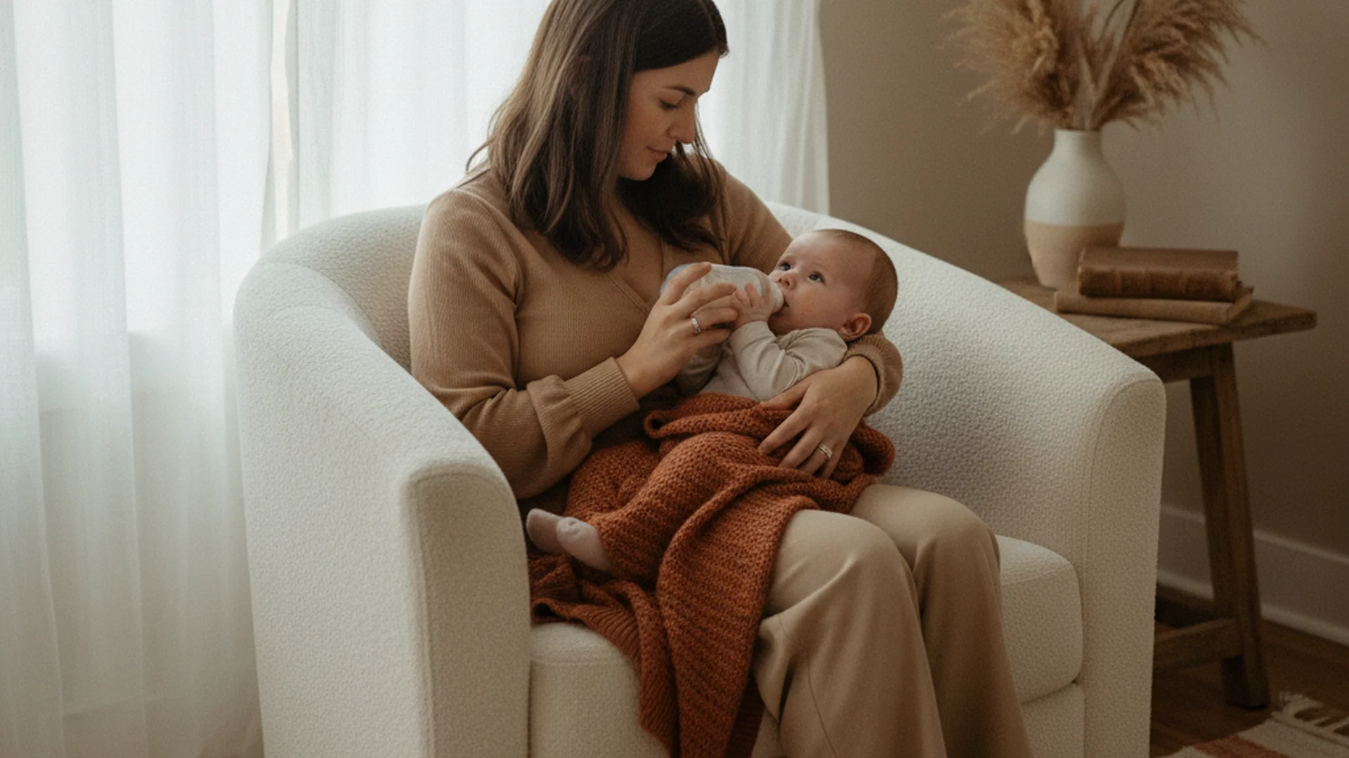 Maman assise dans un fauteuil confortable donnant un biberon à son bébé, lumière naturelle douce filtrant à travers des rideaux légers