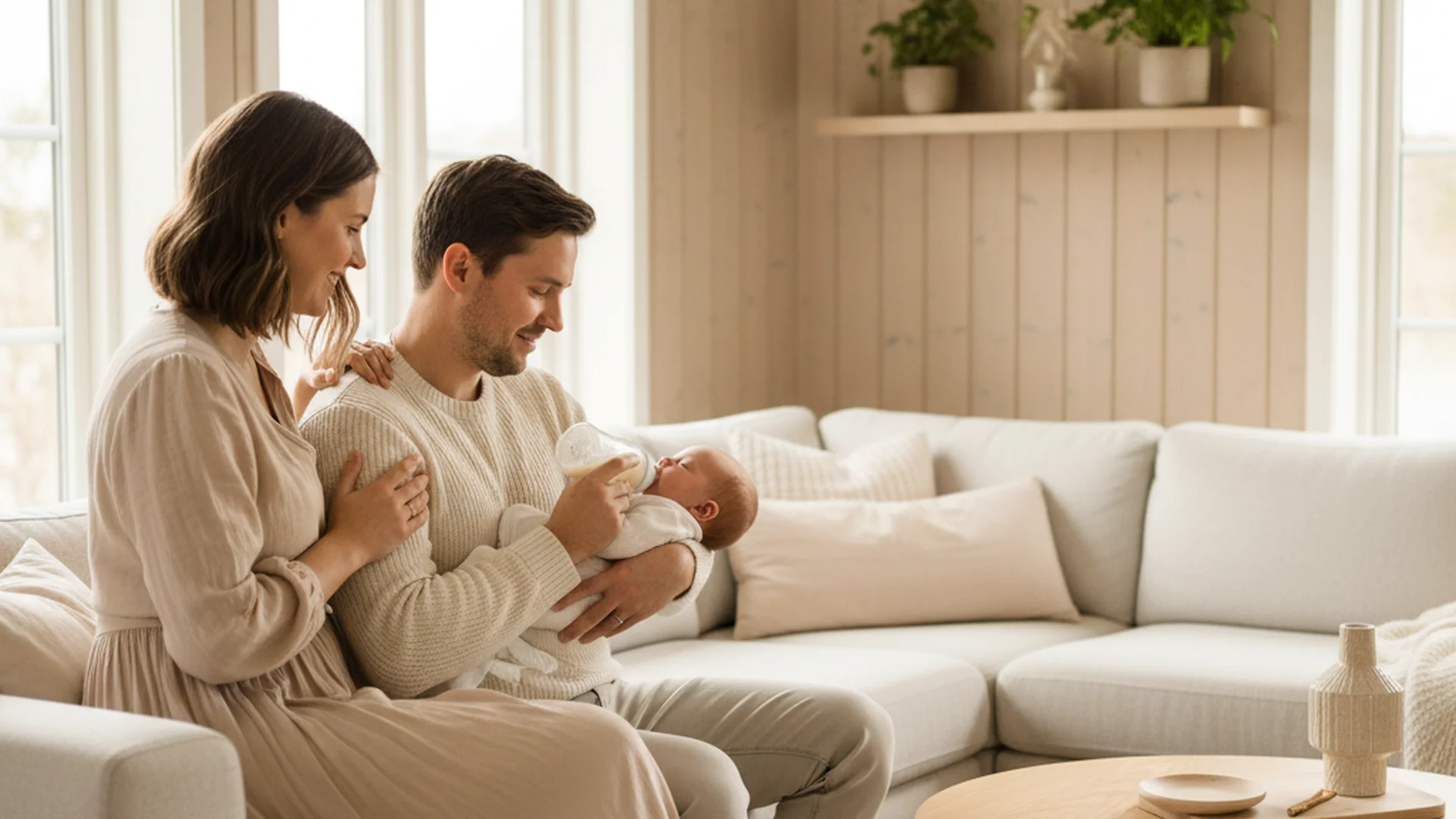 Papa donnant le biberon à son bébé pendant que la maman les regarde avec tendresse, atmosphère familiale chaleureuse