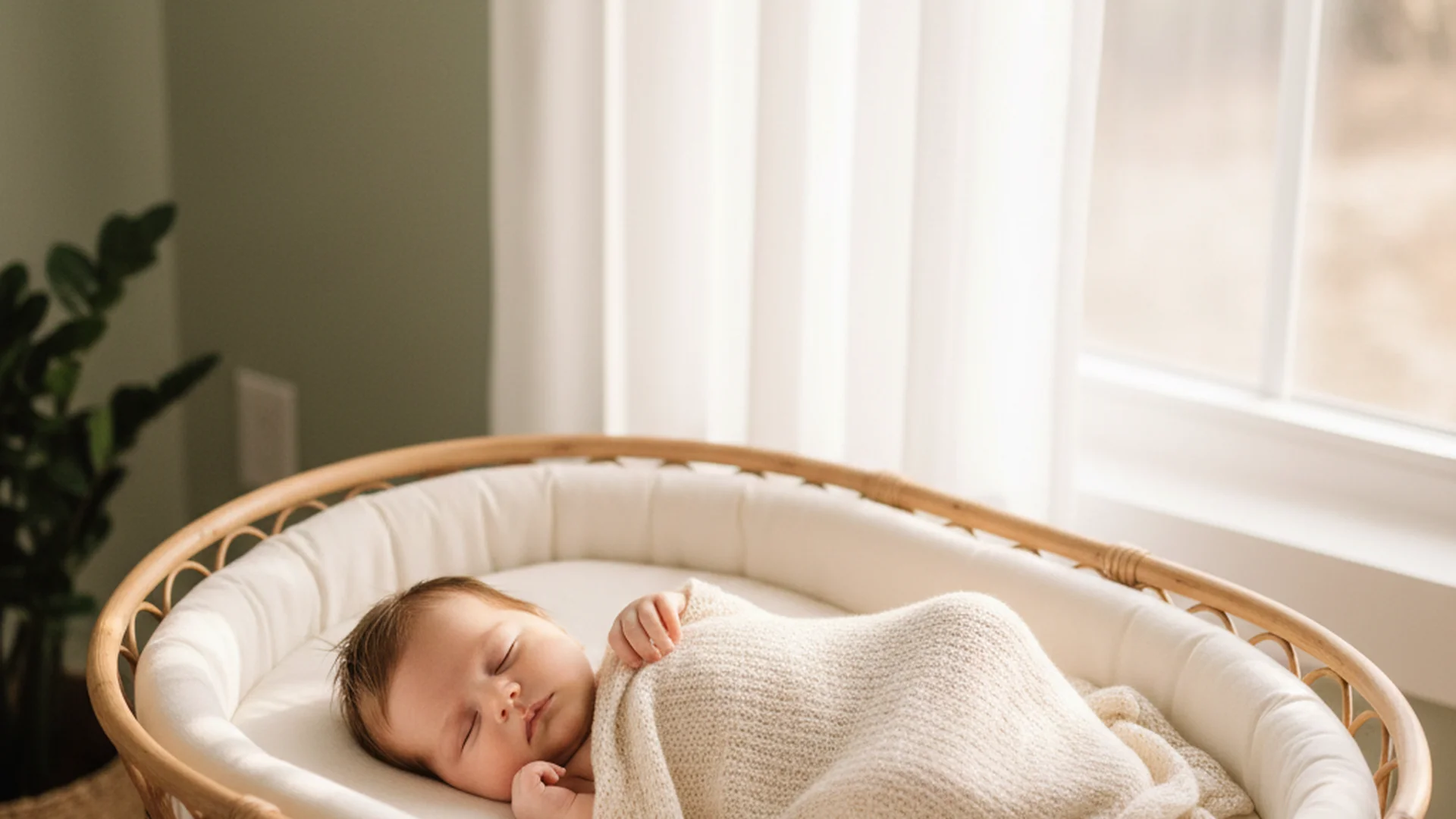 Bébé endormi paisiblement dans un couffin en osier avec une couverture légère dans une chambre lumineuse aux tons naturels