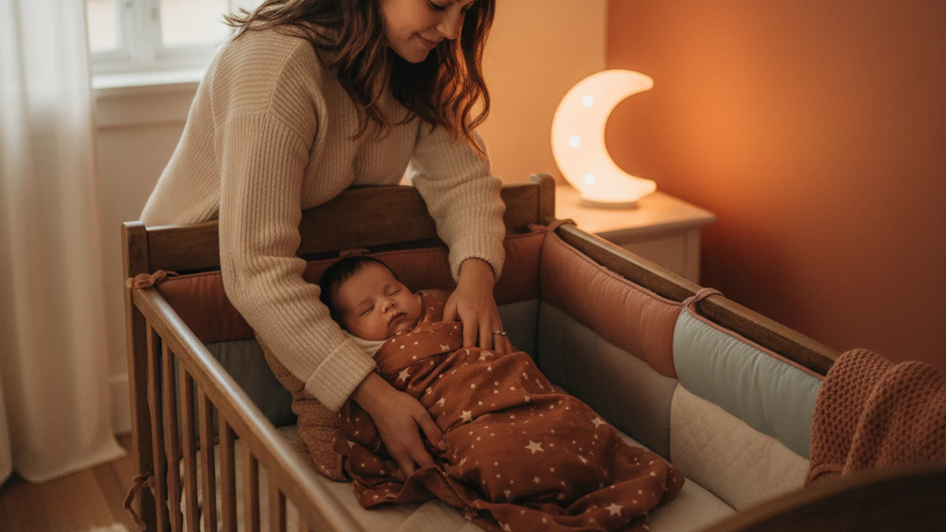 Jeune maman allongeant doucement son bébé dans un lit à barreaux avec une veilleuse douce dans une chambre aux tons pastel