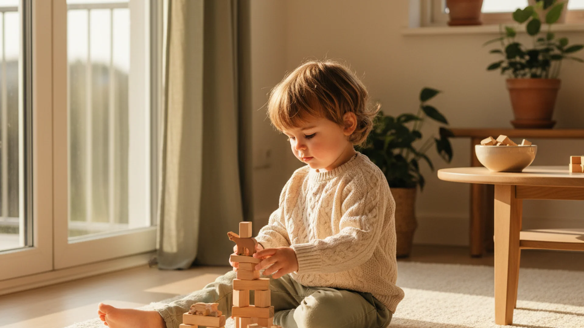 Enfant de 3-4 ans jouant calmement dans une chambre lumineuse avec des jouets en bois, lumière d'après-midi