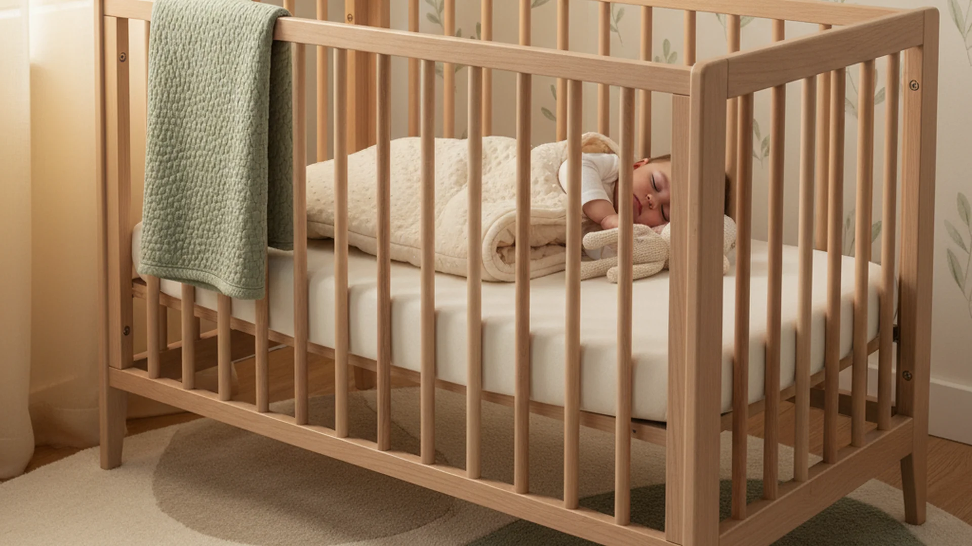 Bébé endormi paisiblement dans sa gigoteuse dans un berceau en bois clair baigné de lumière douce