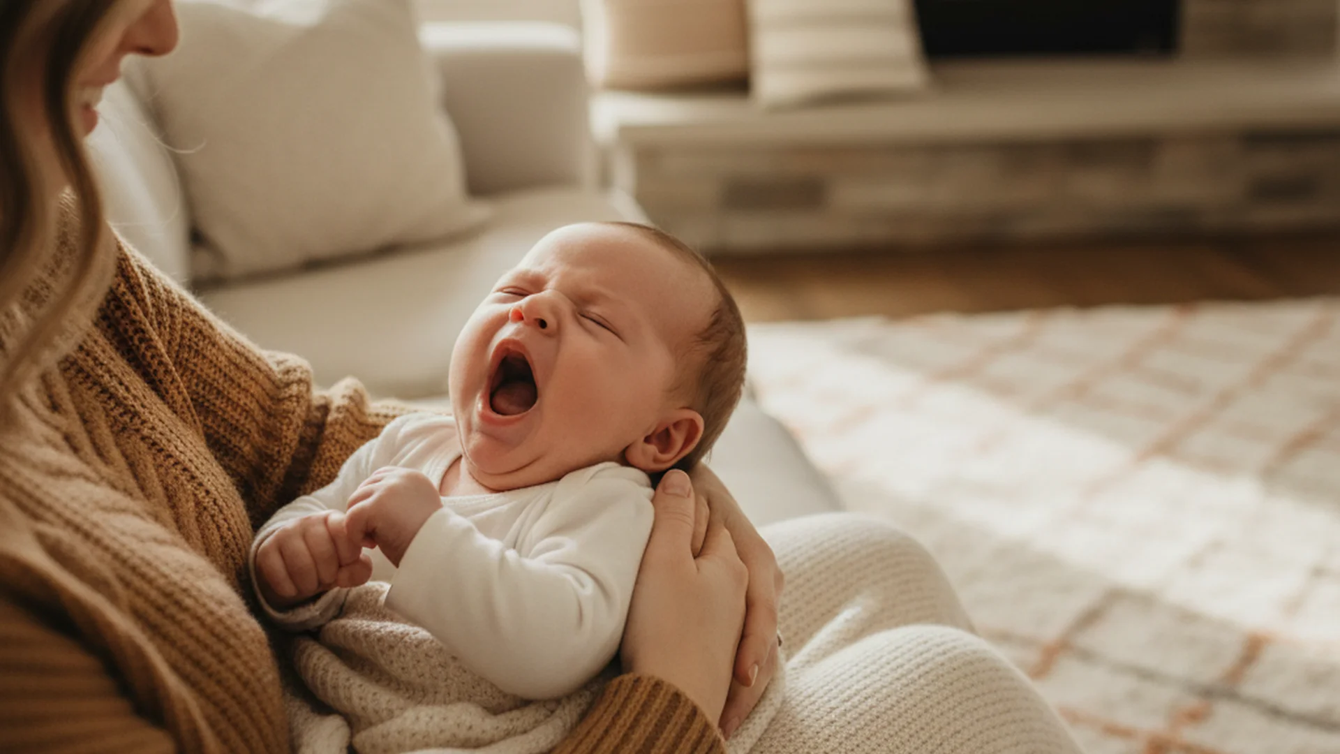 Bébé de 8 mois qui bâille dans les bras de sa maman dans un salon chaleureux baigné de lumière naturelle