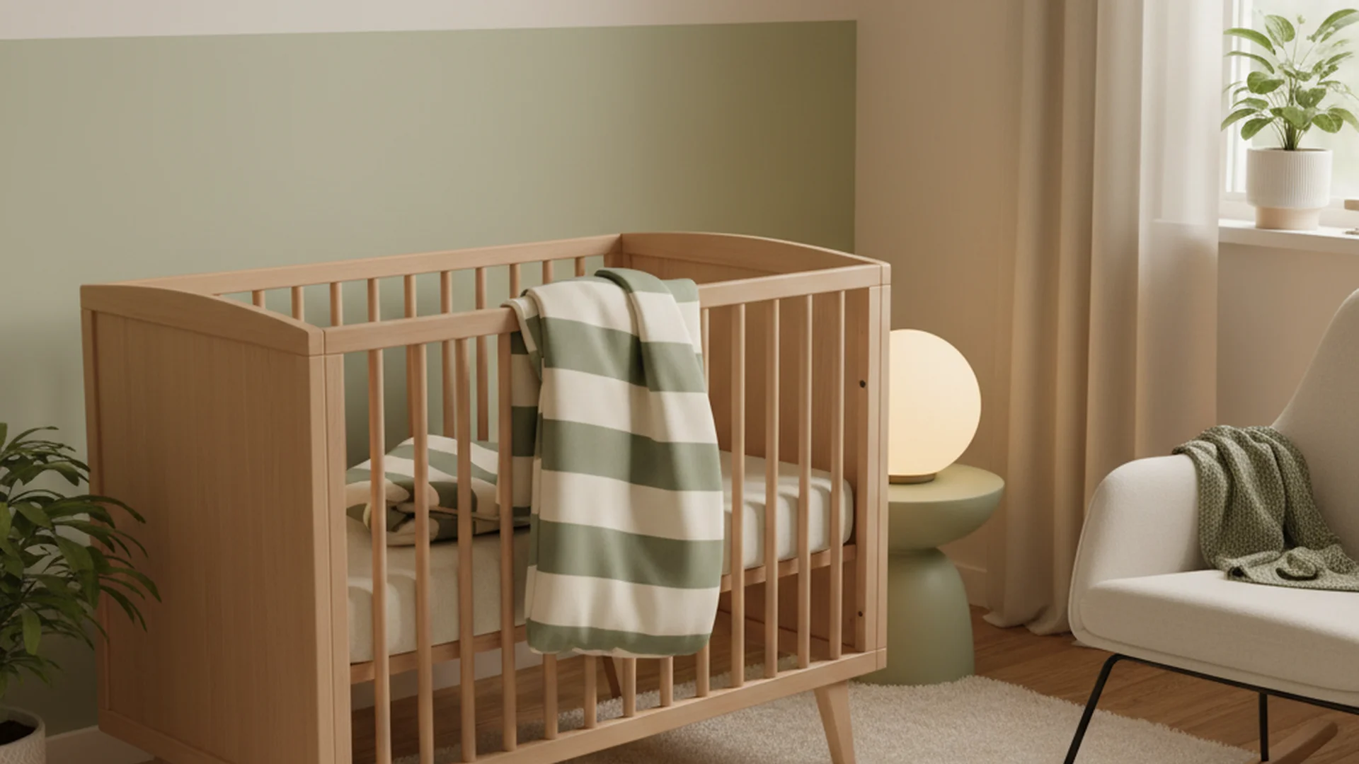 Chambre de bébé paisible avec un berceau en bois, une gigoteuse et une veilleuse douce dans des tons crème et sauge