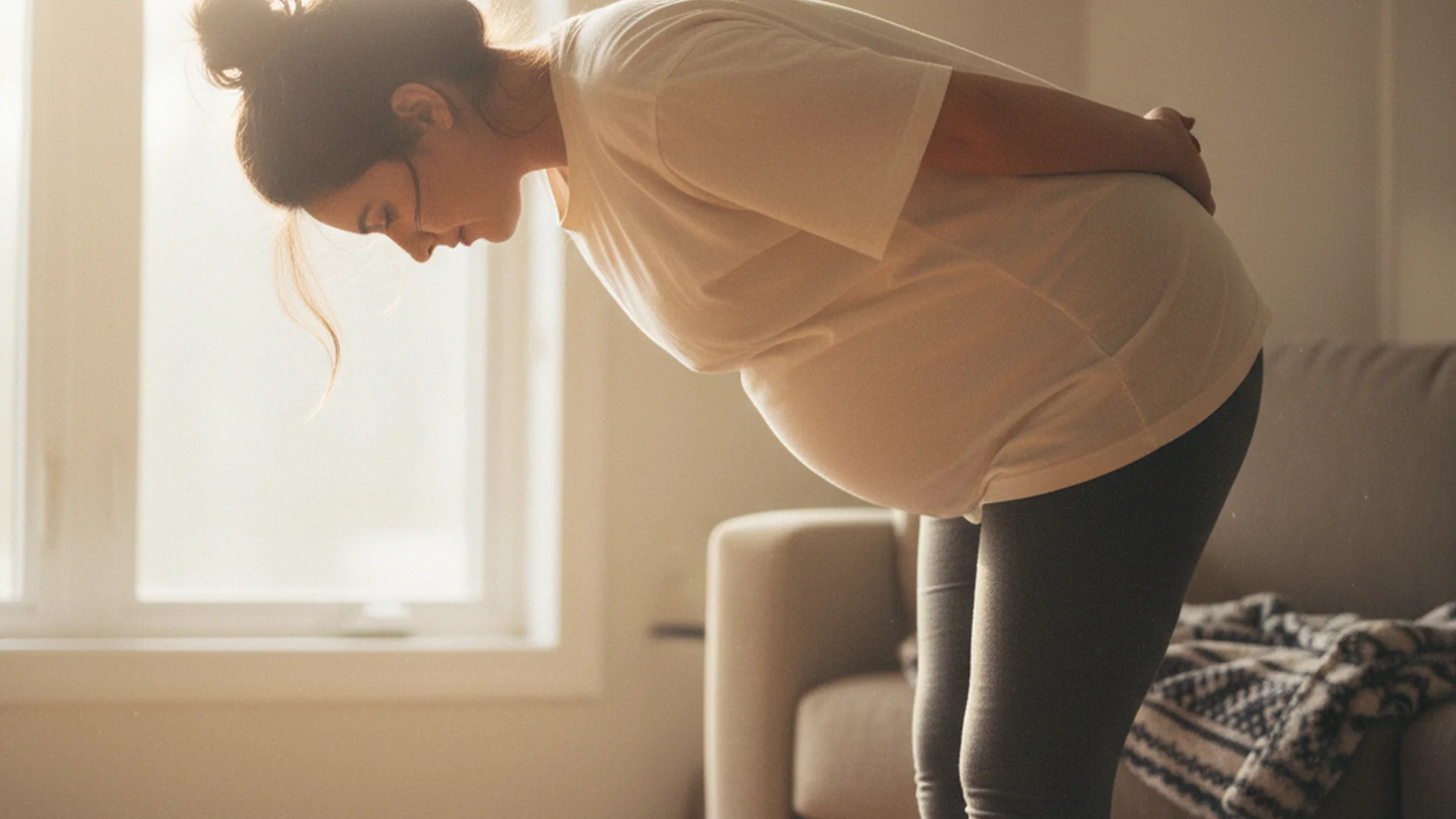 Femme enceinte faisant des étirements sur un tapis de yoga dans son salon, lumière naturelle du matin