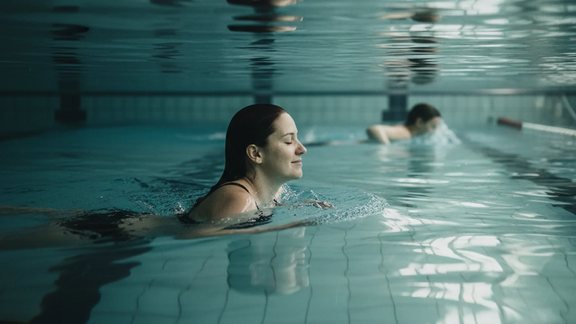 Femme enceinte nageant dans une piscine intérieure, vue depuis le niveau de l'eau