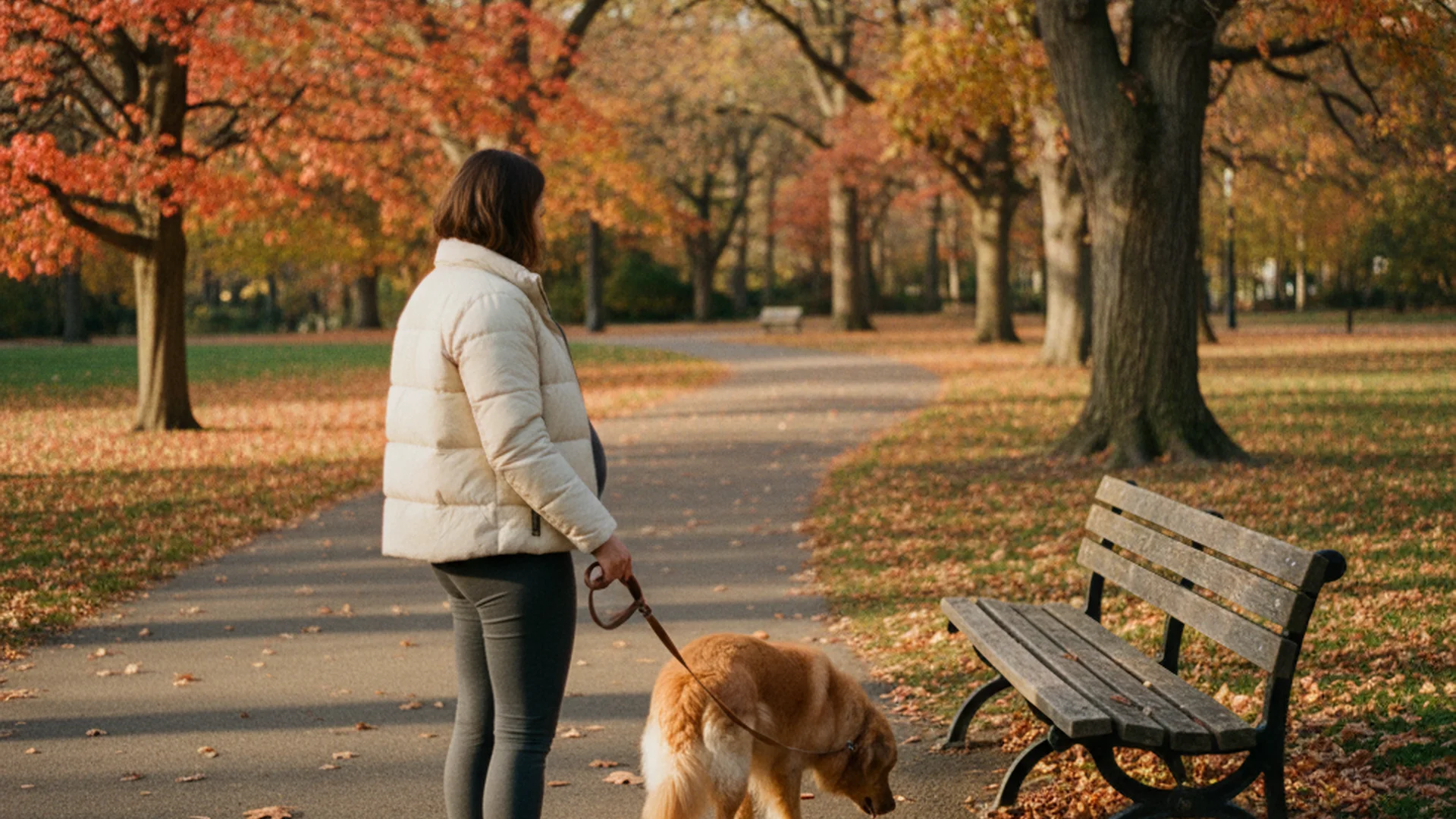 Femme enceinte marchant dans un parc en automne, vue de dos, lumière dorée de fin d'après-midi