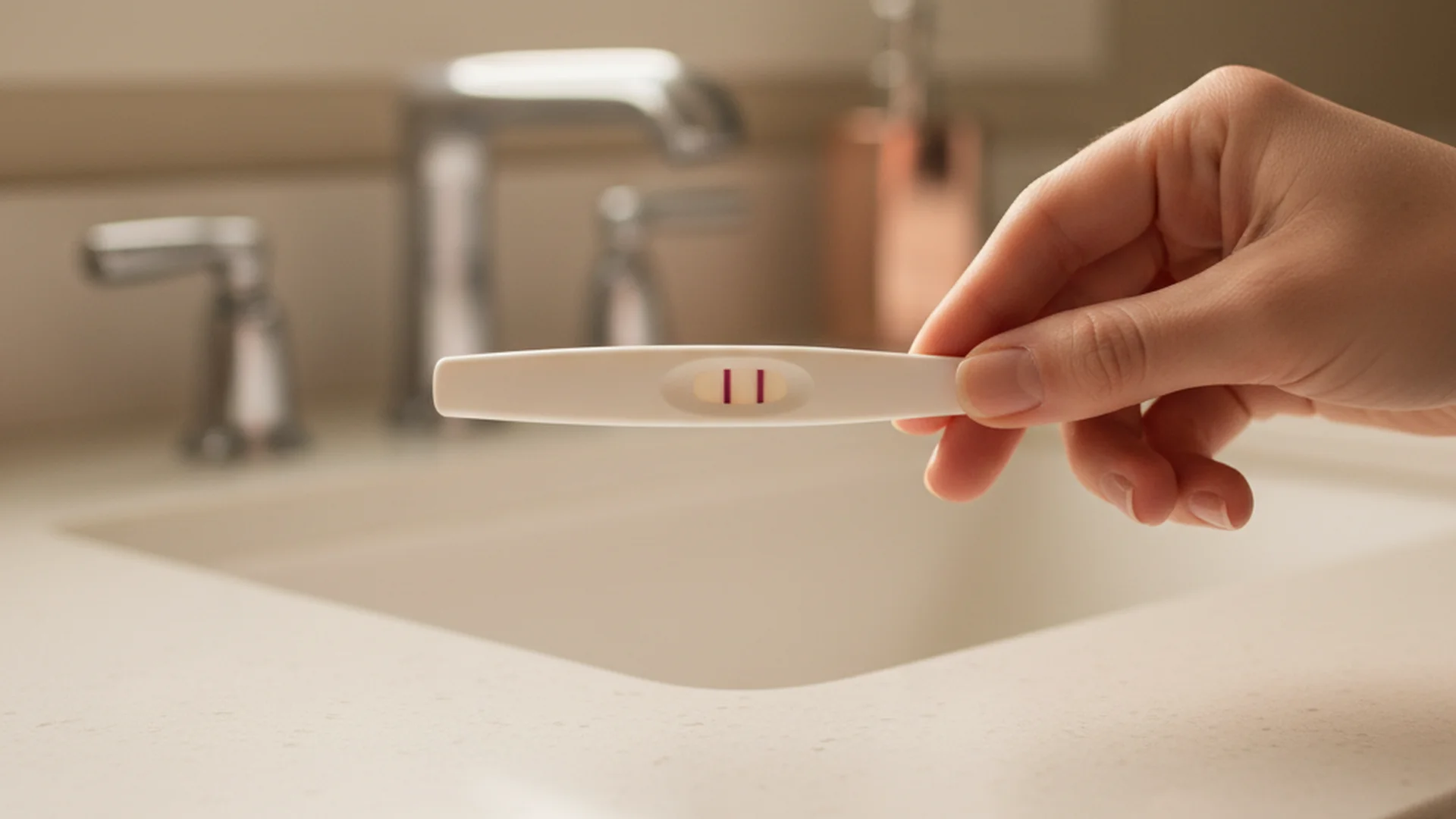 Main tenant un test de grossesse, lumière naturelle douce, fond épuré aux tons crème et naturels