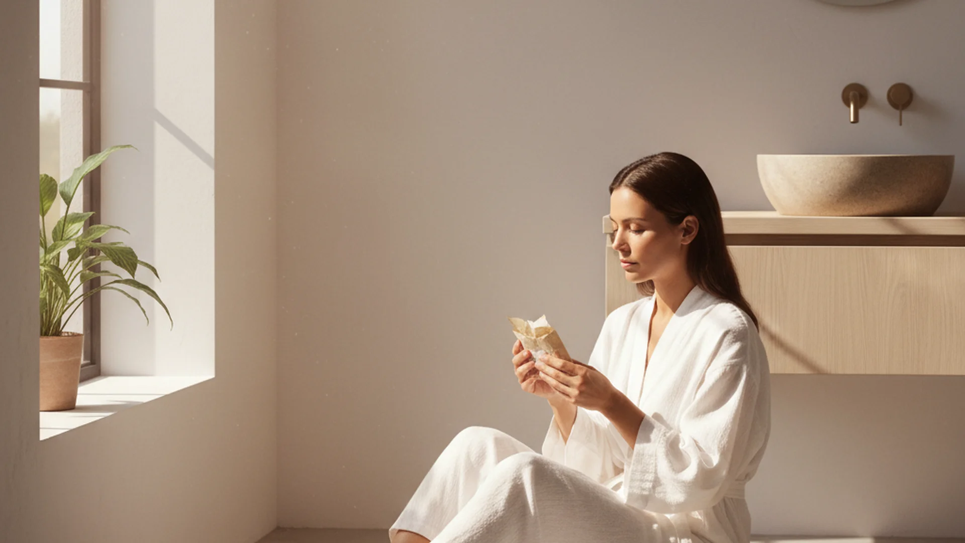 Femme sereine lisant une notice de test dans une salle de bain épurée, lumière naturelle matinale
