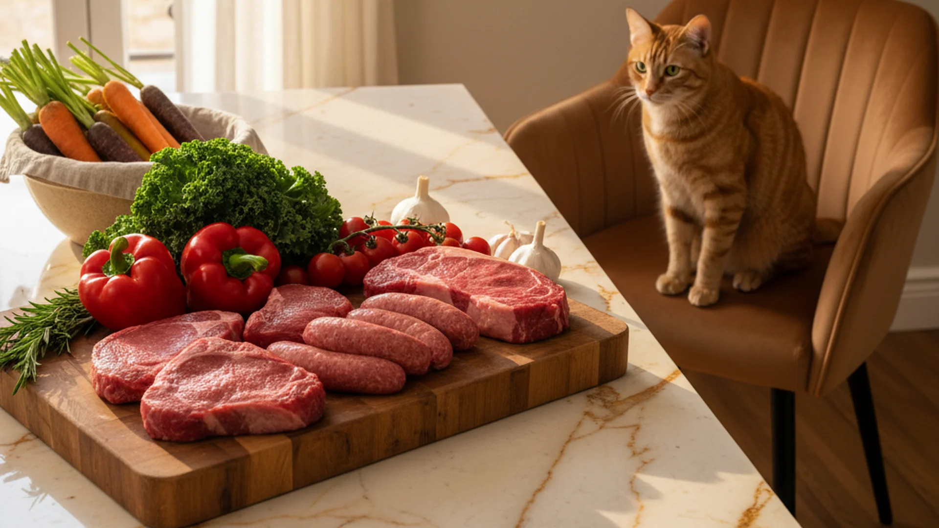 Plan de travail de cuisine avec de la viande crue sur une planche, des légumes frais et un chat observant de loin