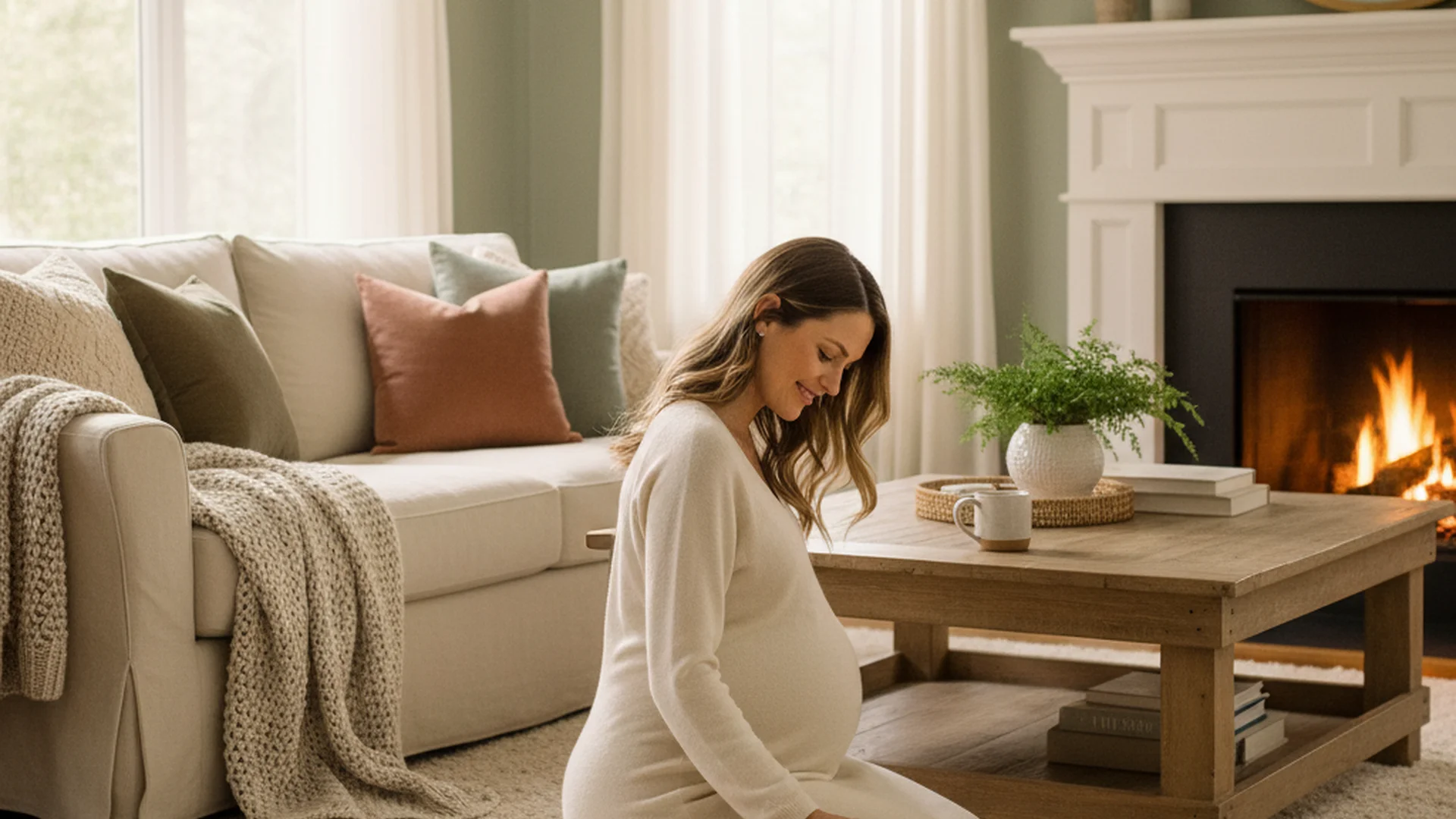 Femme enceinte caressant un chat dans un salon chaleureux, ambiance sereine et lumineuse