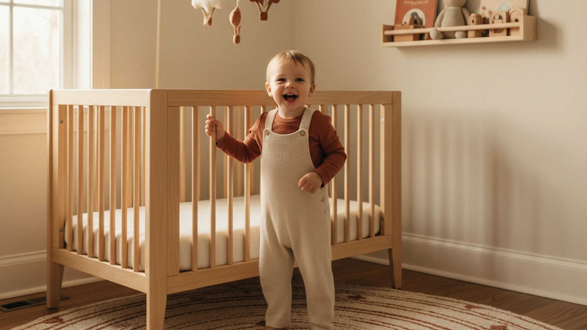 Enfant souriant debout dans son lit à barreaux en bois, chambre lumineuse avec des jouets rangés sur une étagère