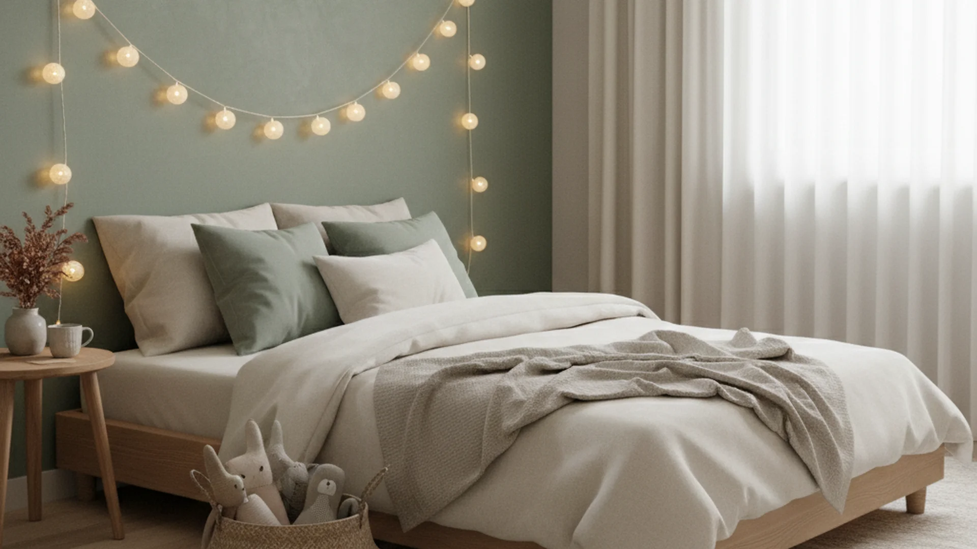 Petite chambre d'enfant avec un lit au sol, des coussins doux et une guirlande lumineuse créant une ambiance chaleureuse