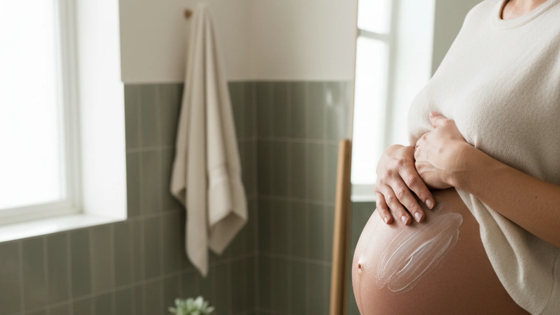 Femme enceinte appliquant une crème hydratante sur son ventre dans une salle de bain lumineuse aux tons naturels