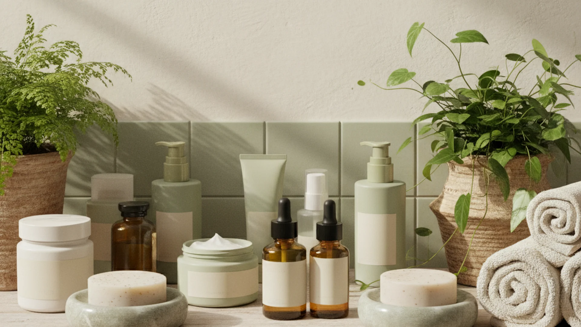 Produits de soin naturels disposés sur une étagère de salle de bain avec des plantes vertes et une lumière douce