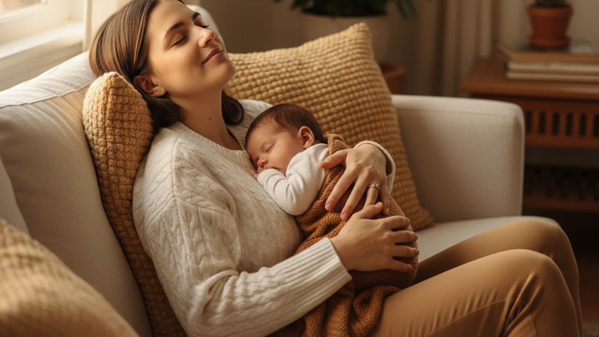 Jeune maman fatiguée assise sur un canapé, bébé endormi dans ses bras, lumière douce de fin de journée