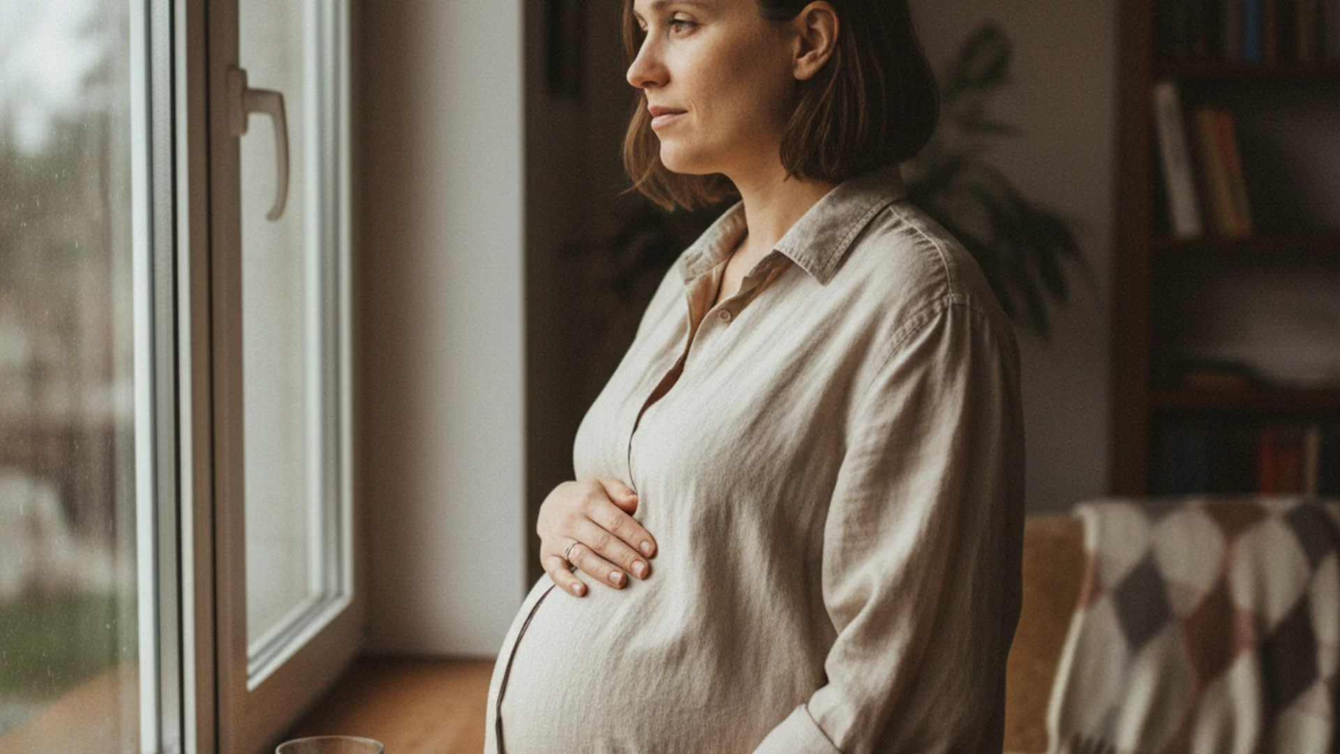 Femme enceinte assise près d'une fenêtre, mains posées sur son ventre, regard serein dans la lumière naturelle