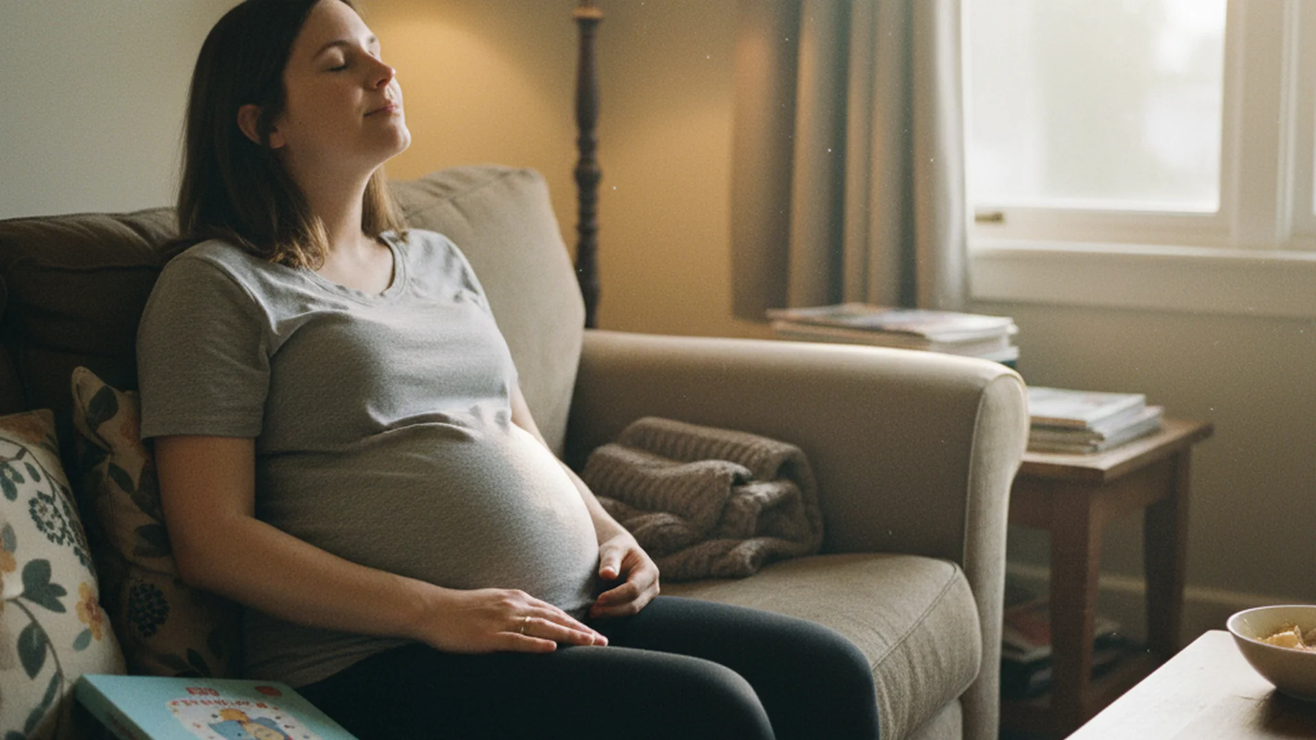 Femme enceinte en train de respirer profondément, assise sur un canapé dans un intérieur lumineux mais ordinaire