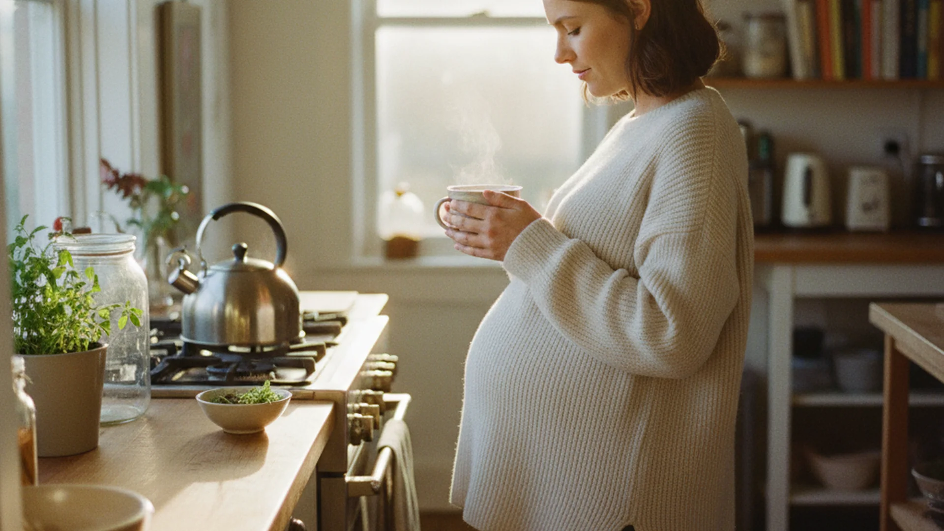 Femme enceinte dans sa cuisine préparant une tasse de thé, lumière naturelle chaude, fond légèrement flou avec des plantes