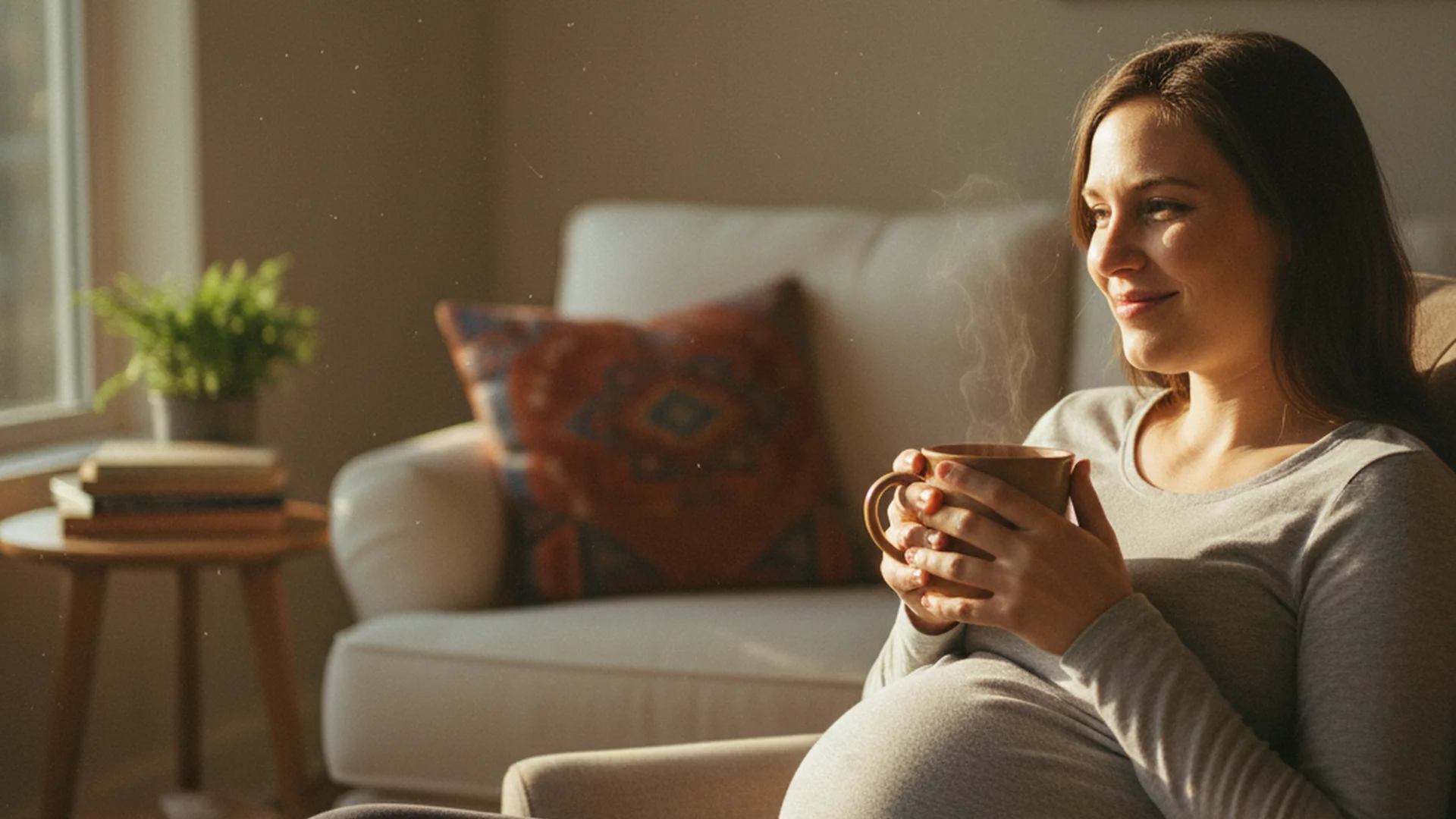 Femme enceinte assise dans un salon clair tenant une tasse fumante, pull confortable, fenêtre en arrière-plan
