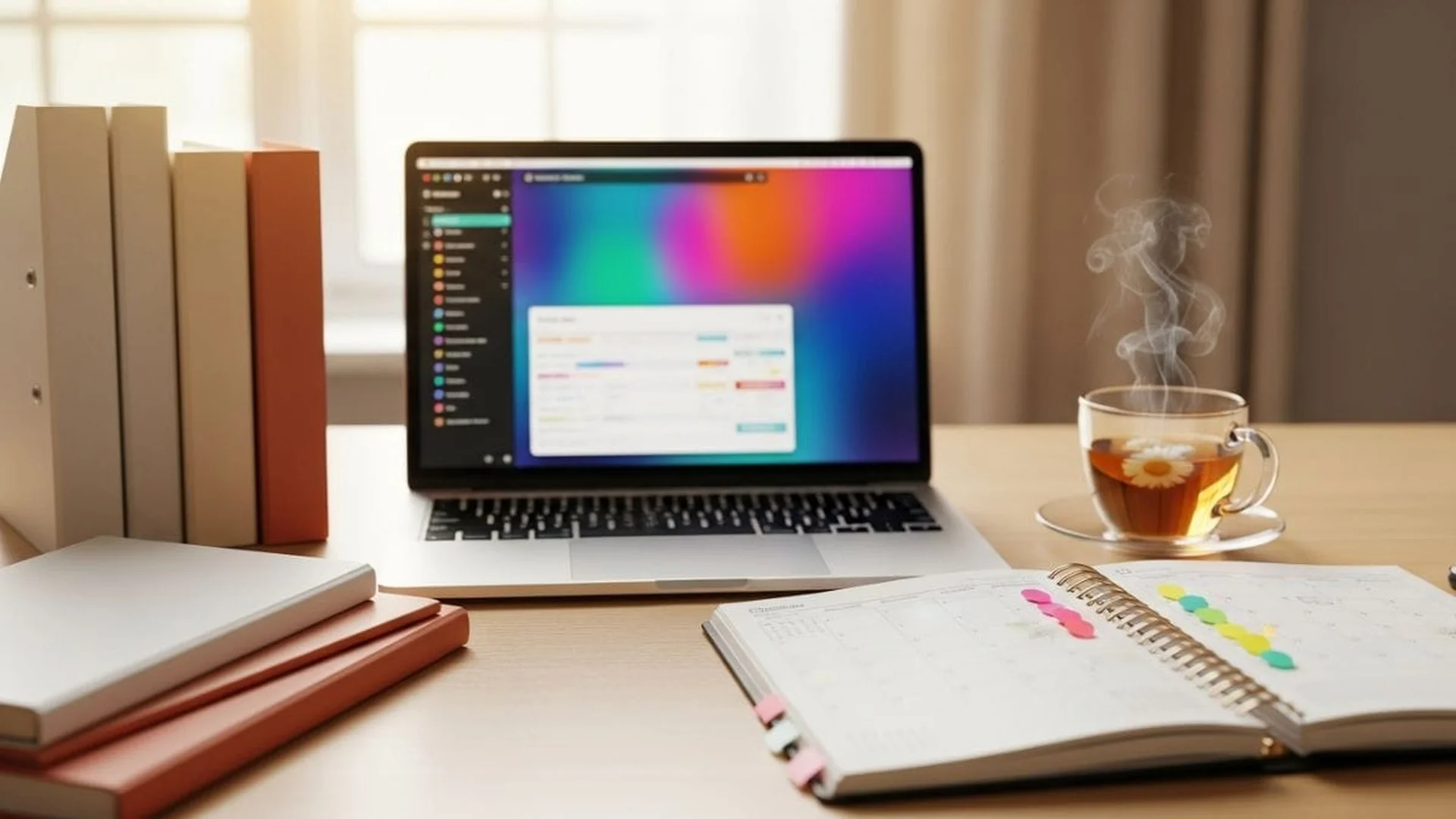 Bureau organisé avec un agenda ouvert, un ordinateur portable et une tasse de tisane, dans une lumière naturelle douce, pour suivre son cycle au quotidien