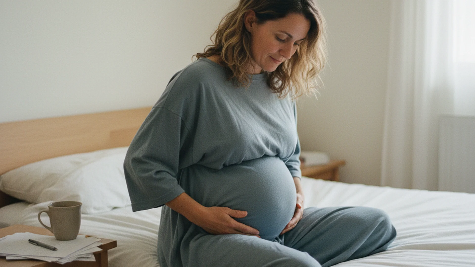 Maman en post-partum assise sur un lit, regard bienveillant vers son ventre, lumière douce matinale
