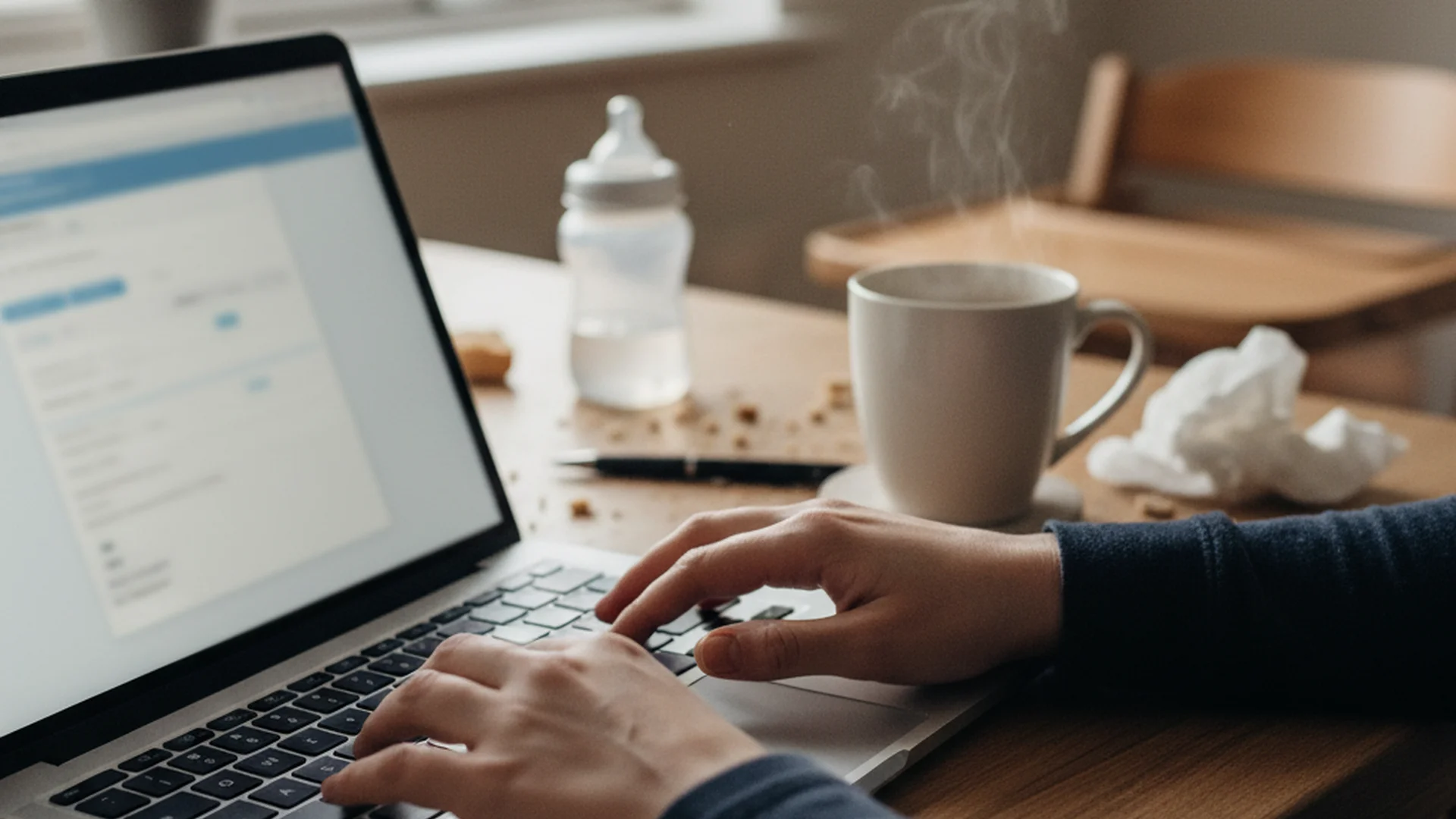 Gros plan sur une main remplissant un formulaire administratif sur une table en bois avec un mug et un téléphone posés à côté