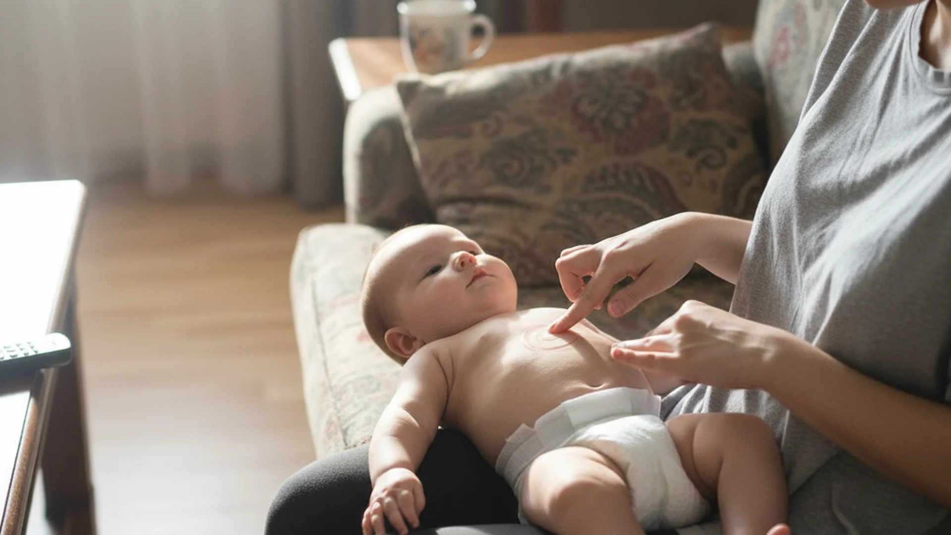 Maman assise sur un canapé légèrement défraîchi, massant le ventre de son bébé allongé sur ses genoux, lumière naturelle d'après-midi entrant par une fenêtre