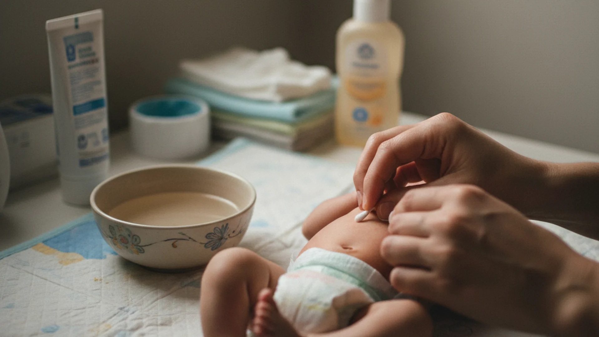 Parent nettoyant délicatement le cordon ombilical de son nouveau-né avec un coton-tige humide, table à langer lumineuse, gestes doux et précis