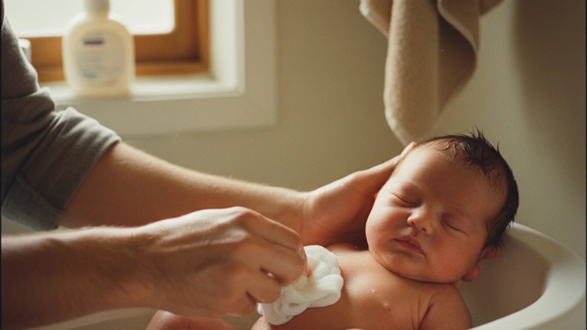 Nouveau-né dans un bain à 37 degrés, parent qui sèche délicatement la zone ombilicale avec une compresse douce, ambiance familiale chaleureuse